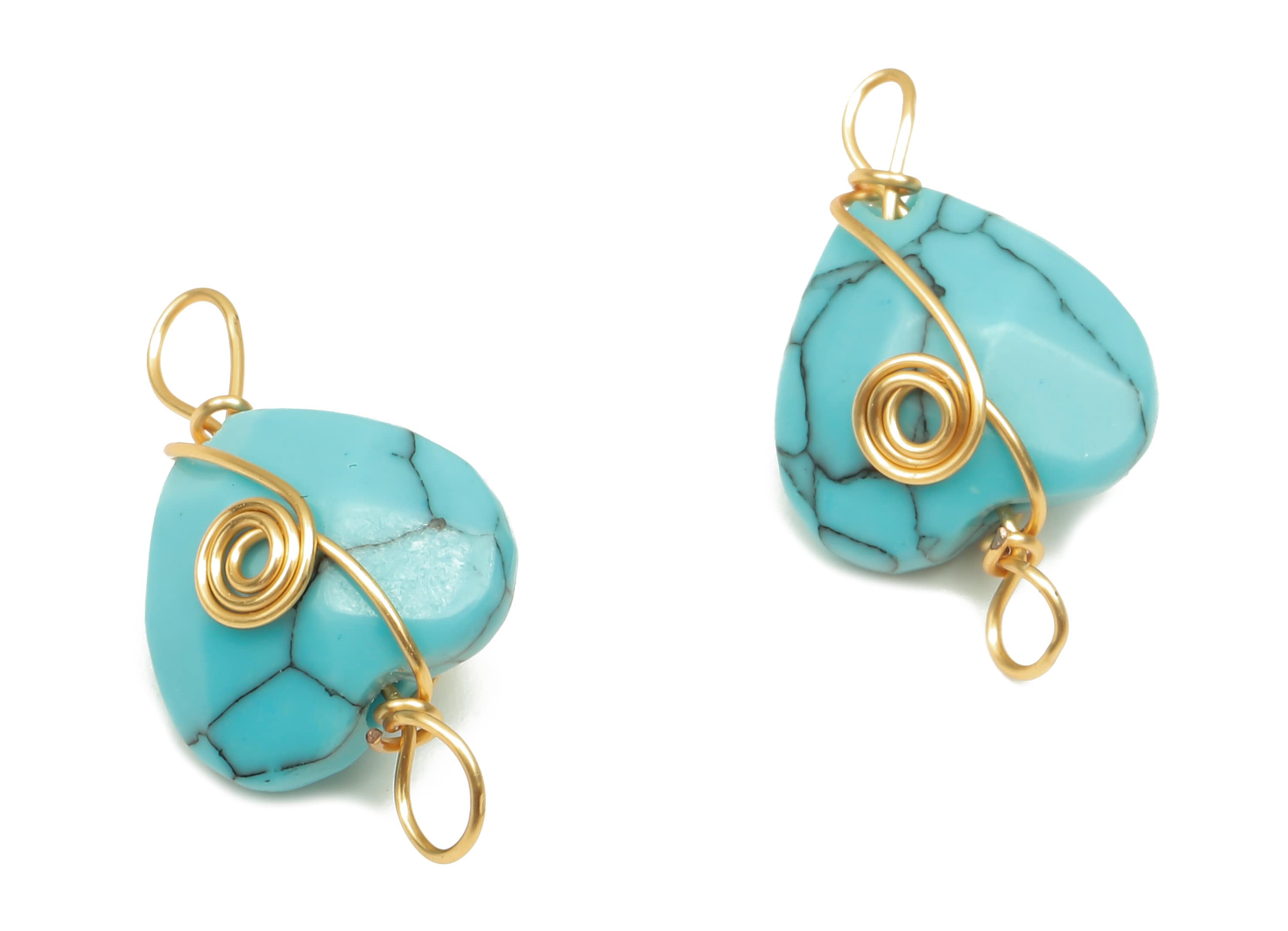Turquoise Heart Earring Connectors - Brass Wire Wrapped Pendant - Faceted Natural Stone - Gold Tone Plating - 17.22x10.38x6.1mm - NS1864F - DOMEDBAZAAR