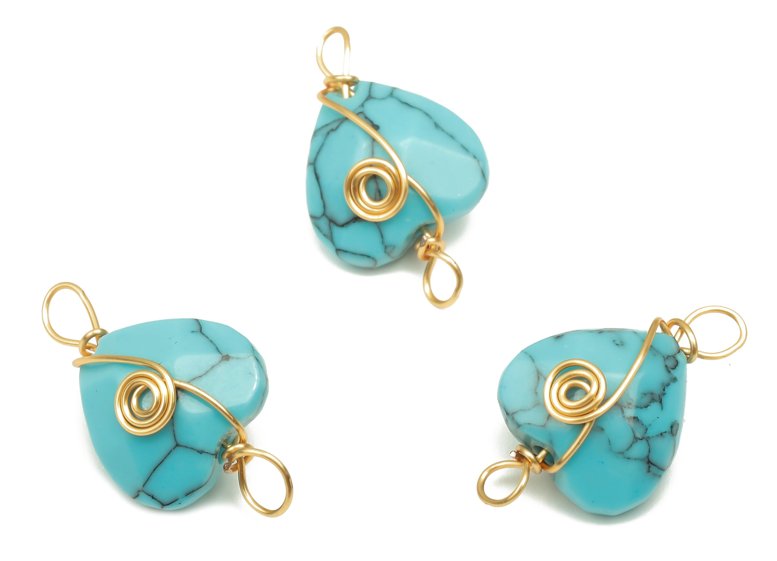 Turquoise Heart Earring Connectors - Brass Wire Wrapped Pendant - Faceted Natural Stone - Gold Tone Plating - 17.22x10.38x6.1mm - NS1864F - DOMEDBAZAAR