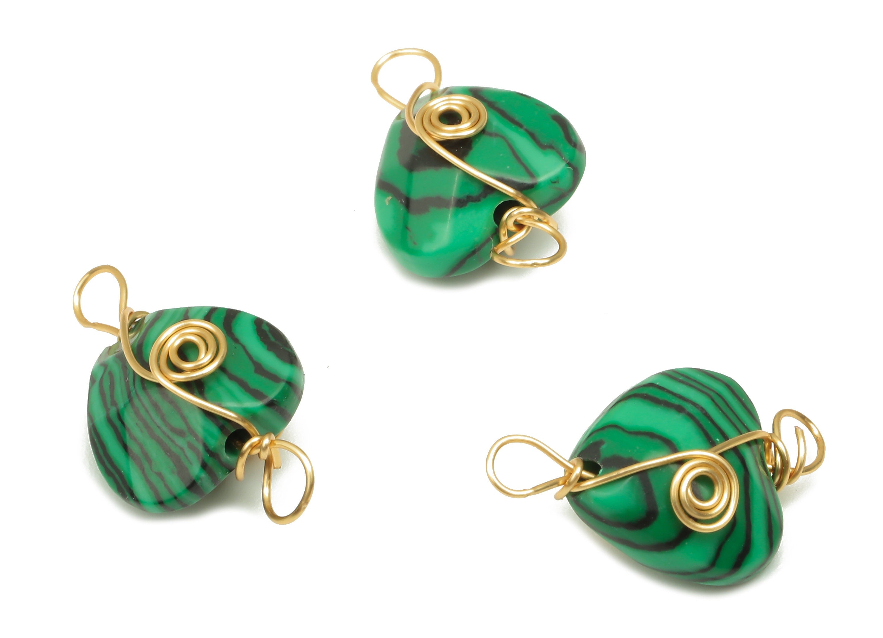 Malachite Heart Connectors - Brass Wire Wrapped Heart Pendant - Faceted Natural Stone - Gold Tone Plating - 17.22x10.38x6.1mm - NS1864H - DOMEDBAZAAR