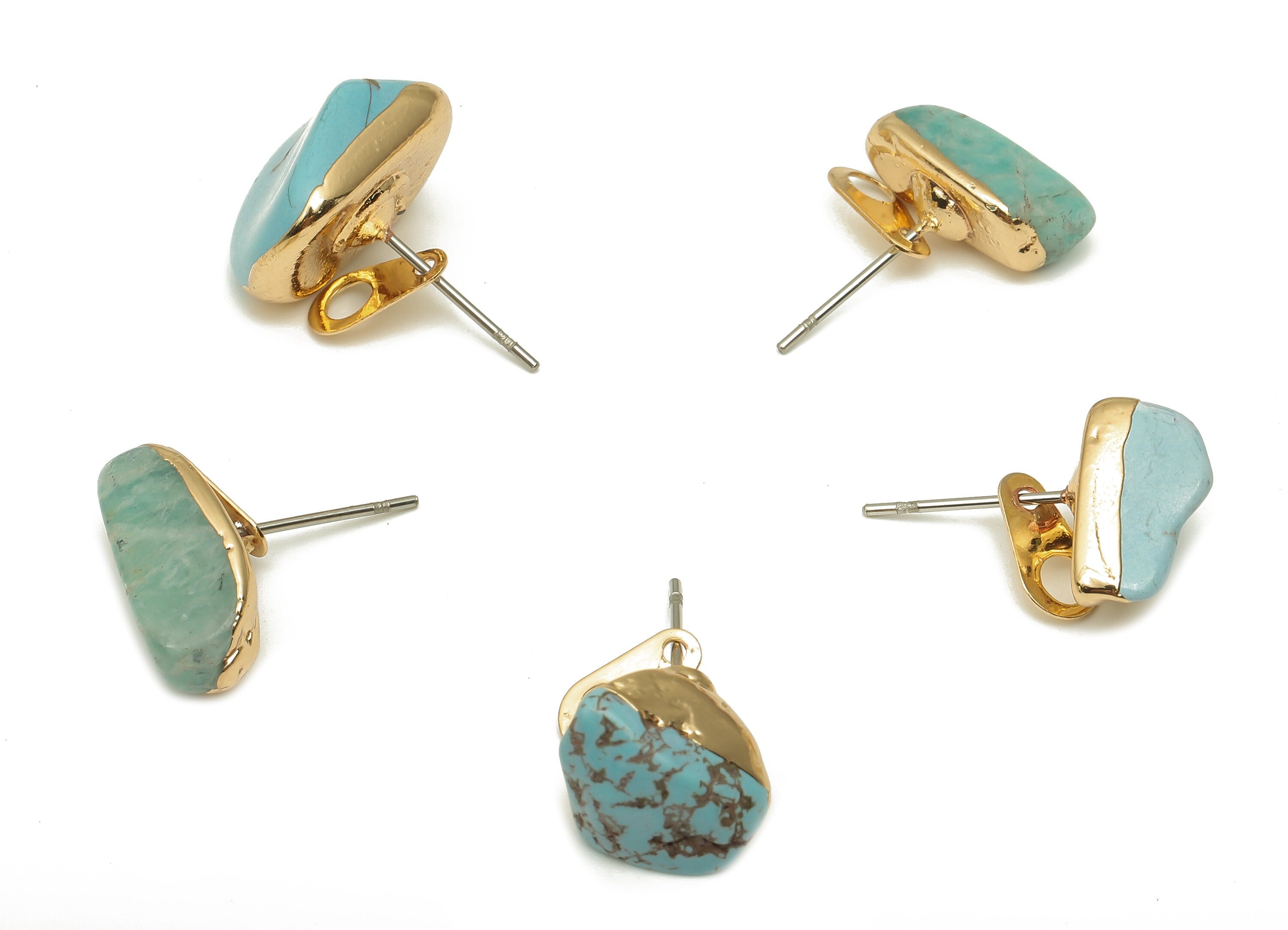 Turquoise Stud Earrings - Natural Stone Earring Posts With Loop - Gold Plated Stone - 316 Surgical Stainless Steel - 13.1x9.8x8.6mm-NS1762YS - DOMEDBAZAAR