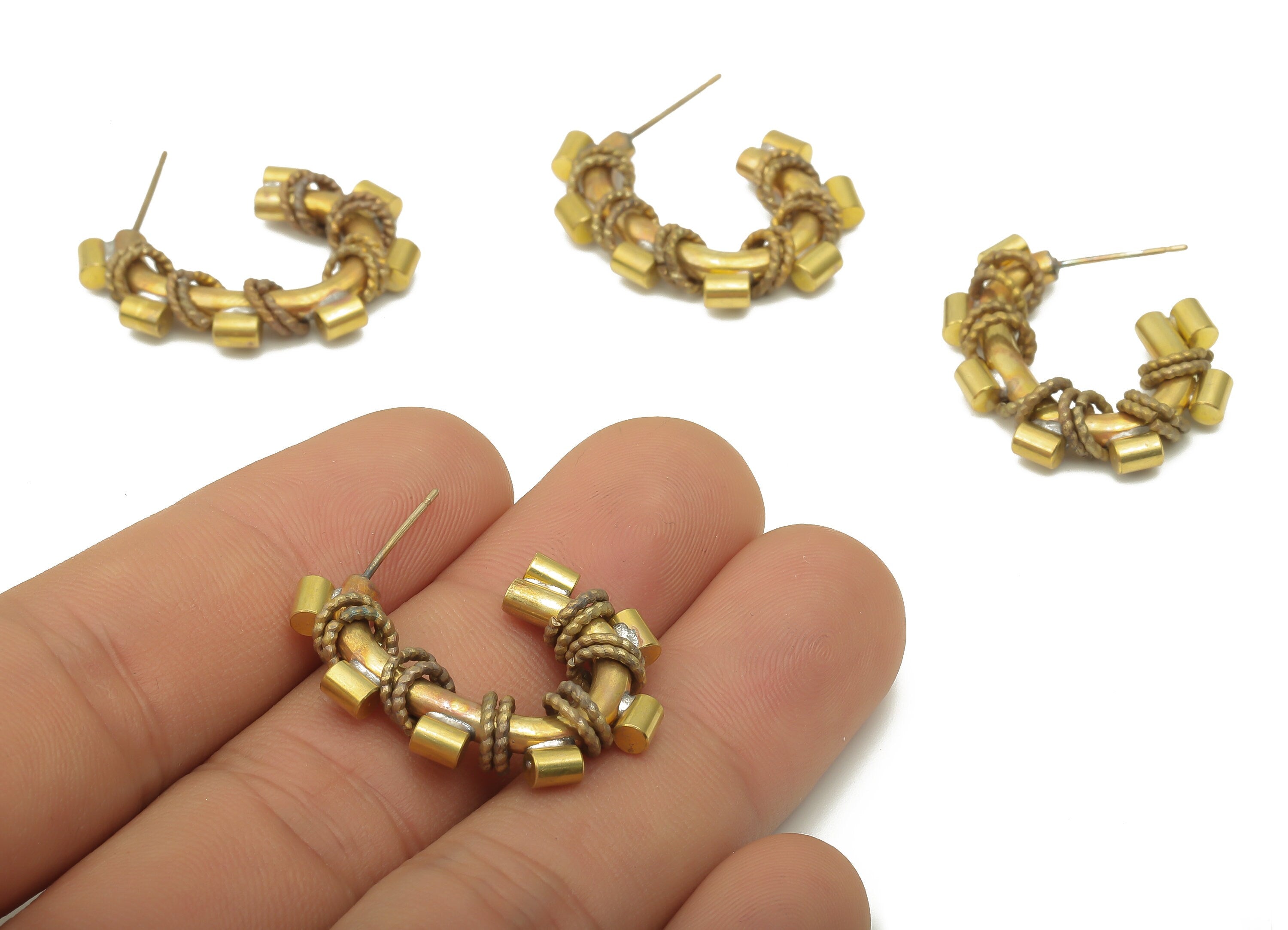 Brass Open Hoop Earring Post - Raw Brass C Treasure Earring Stud - Hoop Earrings with Ring - Ancient Model Earring - 30x23.14x3.7mm - PP7859 - DOMEDBAZAAR