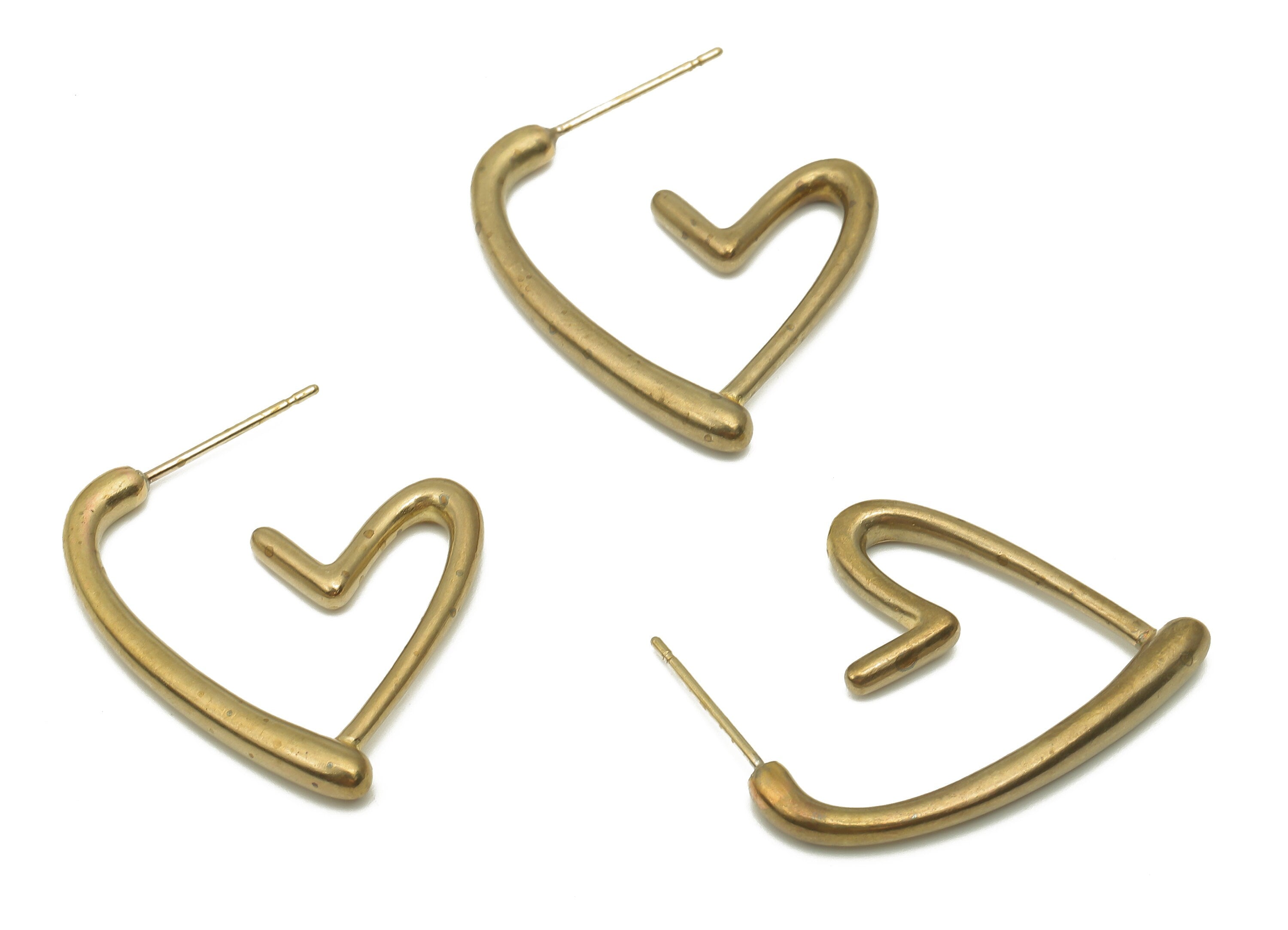 Brass Open Heart Earring Post - Raw Brass Gorgeous Vintage Earrings Stud - Geometric Hoop Earring - 925 Silver Stud -27.2x22.1x2.6mm -PP7862 - DOMEDBAZAAR