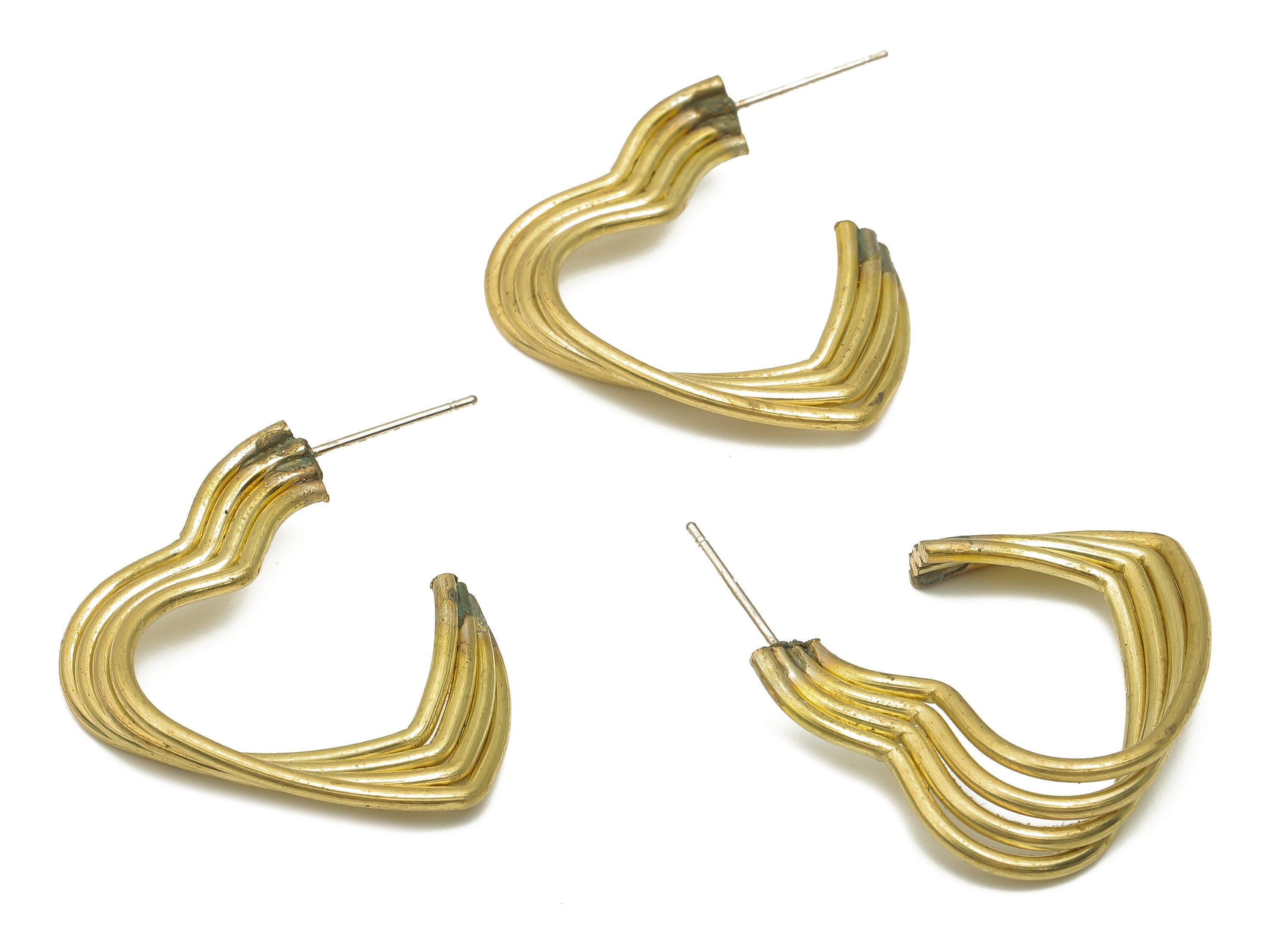 Brass Heart Earrings Post - Raw Brass Heart Earring Studs - Open Heart Earring Hoop - 925 Silver Stud - 29.96x28.4x1.64mm - PP7879 - DOMEDBAZAAR