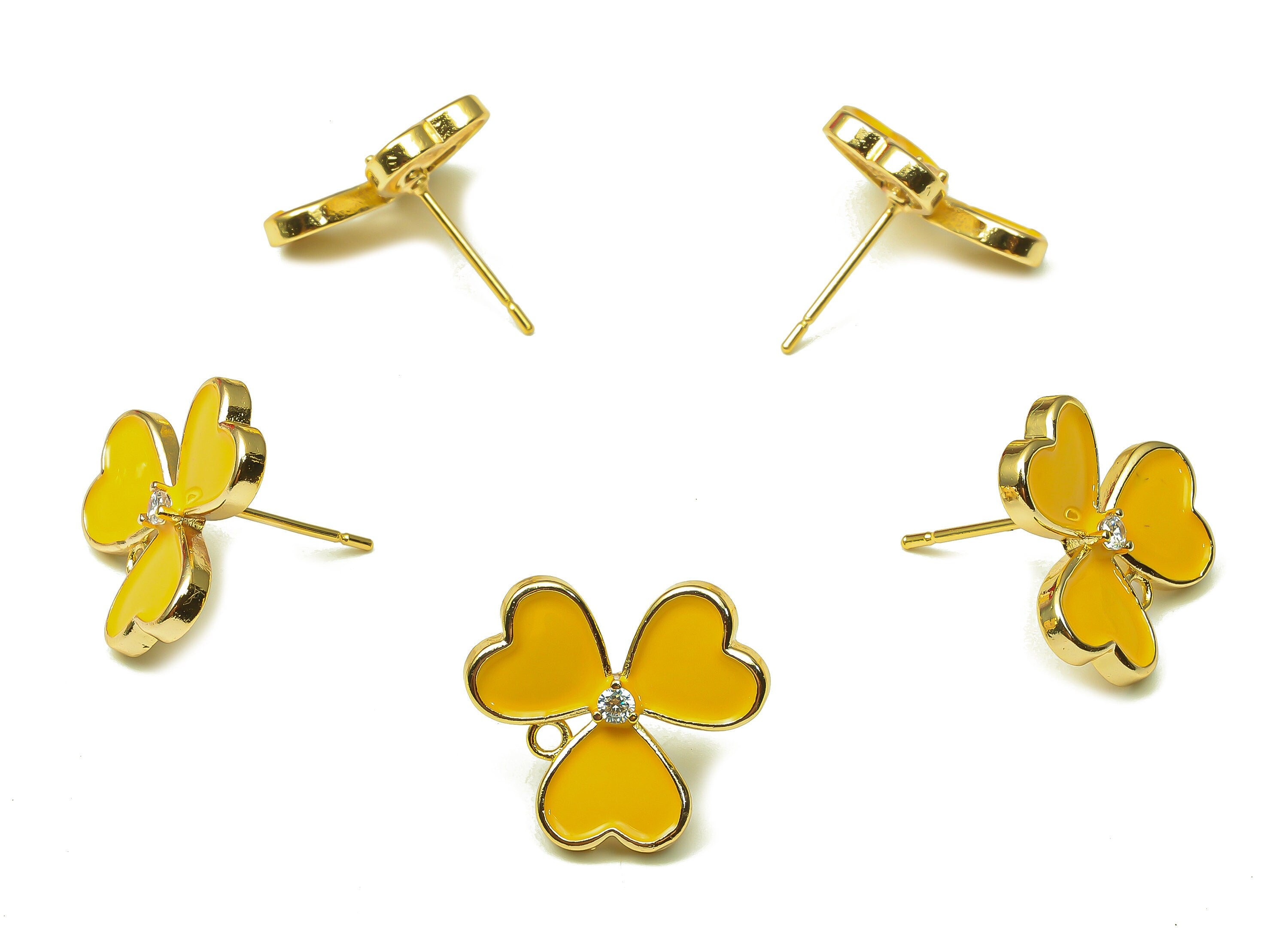 Brass Leaves Earring Stud - Enamel Zircon Clover Heart Earring Post - 316 Stainless Steel - 18k Real Gold Plating -16.1x16.1x1.9mm -RGP5233A - DOMEDBAZAAR