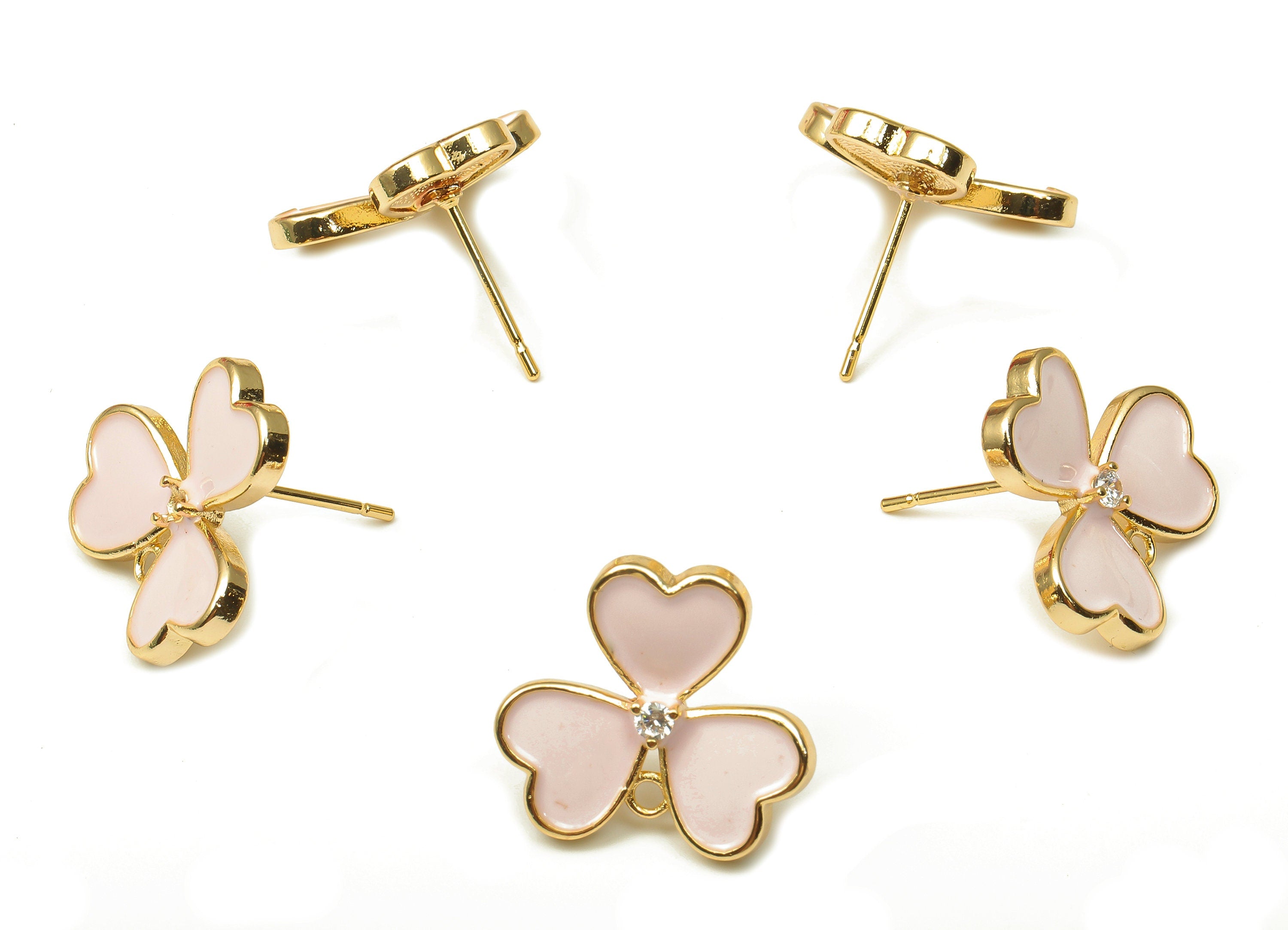 Brass Leaves Earring Stud - Enamel Zircon Clover Heart Earring Post - 316 Stainless Steel - 18k Real Gold Plating -16.1x16.1x1.9mm -RGP5233C - DOMEDBAZAAR