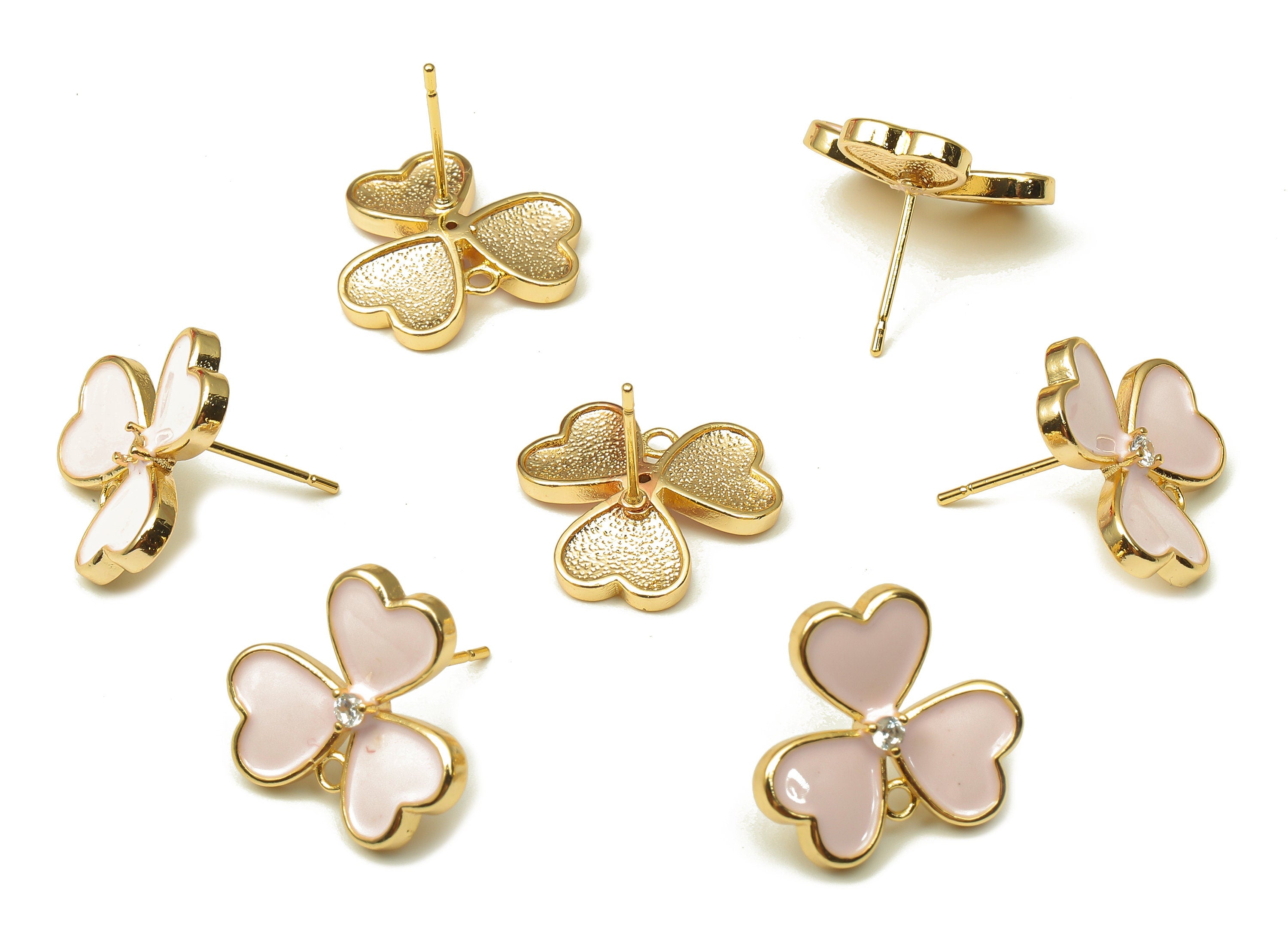 Brass Leaves Earring Stud - Enamel Zircon Clover Heart Earring Post - 316 Stainless Steel - 18k Real Gold Plating -16.1x16.1x1.9mm -RGP5233C - DOMEDBAZAAR
