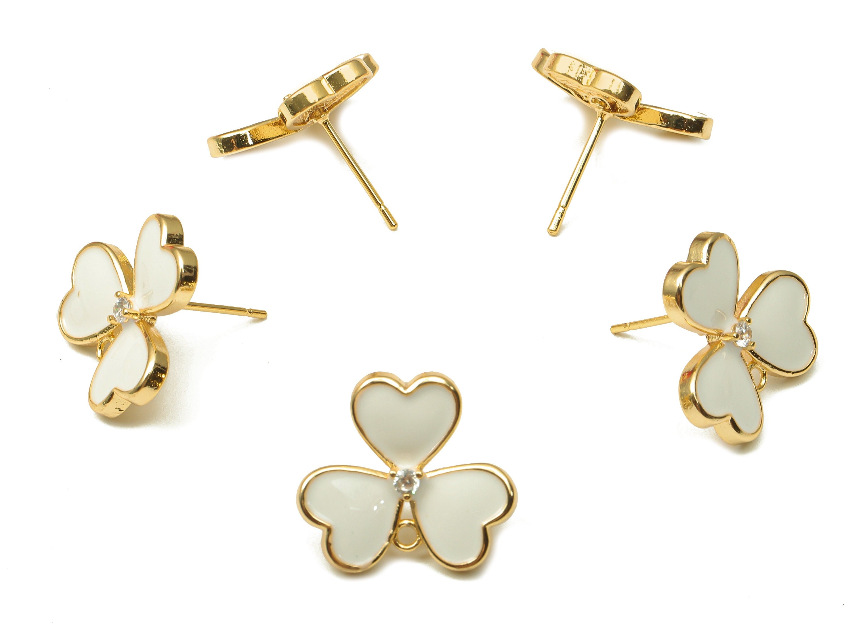 Brass Leaves Earring Stud - Enamel Zircon Clover Heart Earring Post - 316 Stainless Steel - 18k Real Gold Plating -16.1x16.1x1.9mm -RGP5233D - DOMEDBAZAAR
