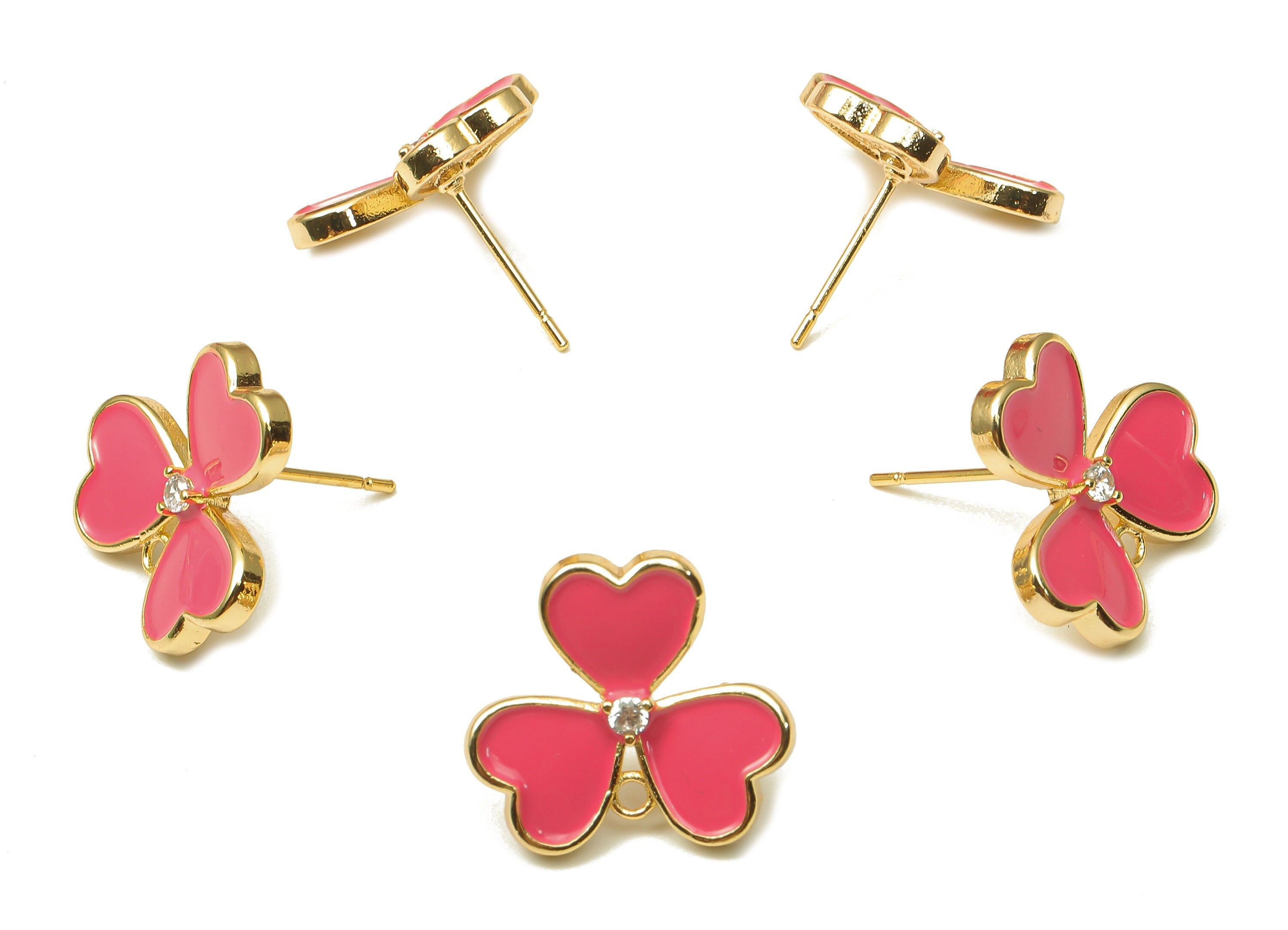 Brass Leaves Earring Stud - Enamel Zircon Clover Heart Earring Post - 316 Stainless Steel - 18k Real Gold Plating -16.1x16.1x1.9mm -RGP5233F - DOMEDBAZAAR