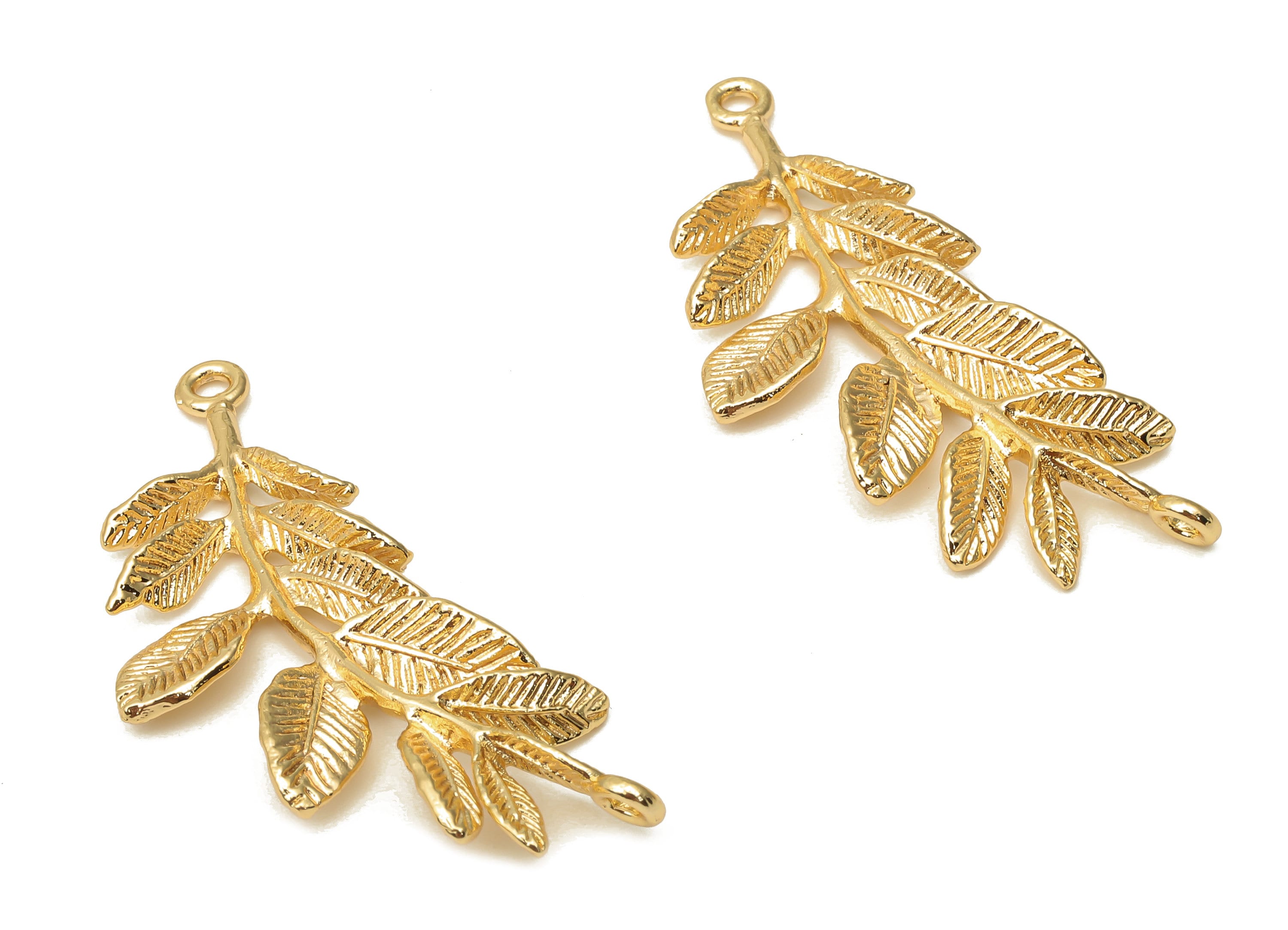 Brass Leaves Earring Charms - Gold Plated leaves Pendant - 18K Real Gold Plated Brass - Brass Long Branch Pendant - 43x16.3x2.92mm - RGP5048 - DOMEDBAZAAR