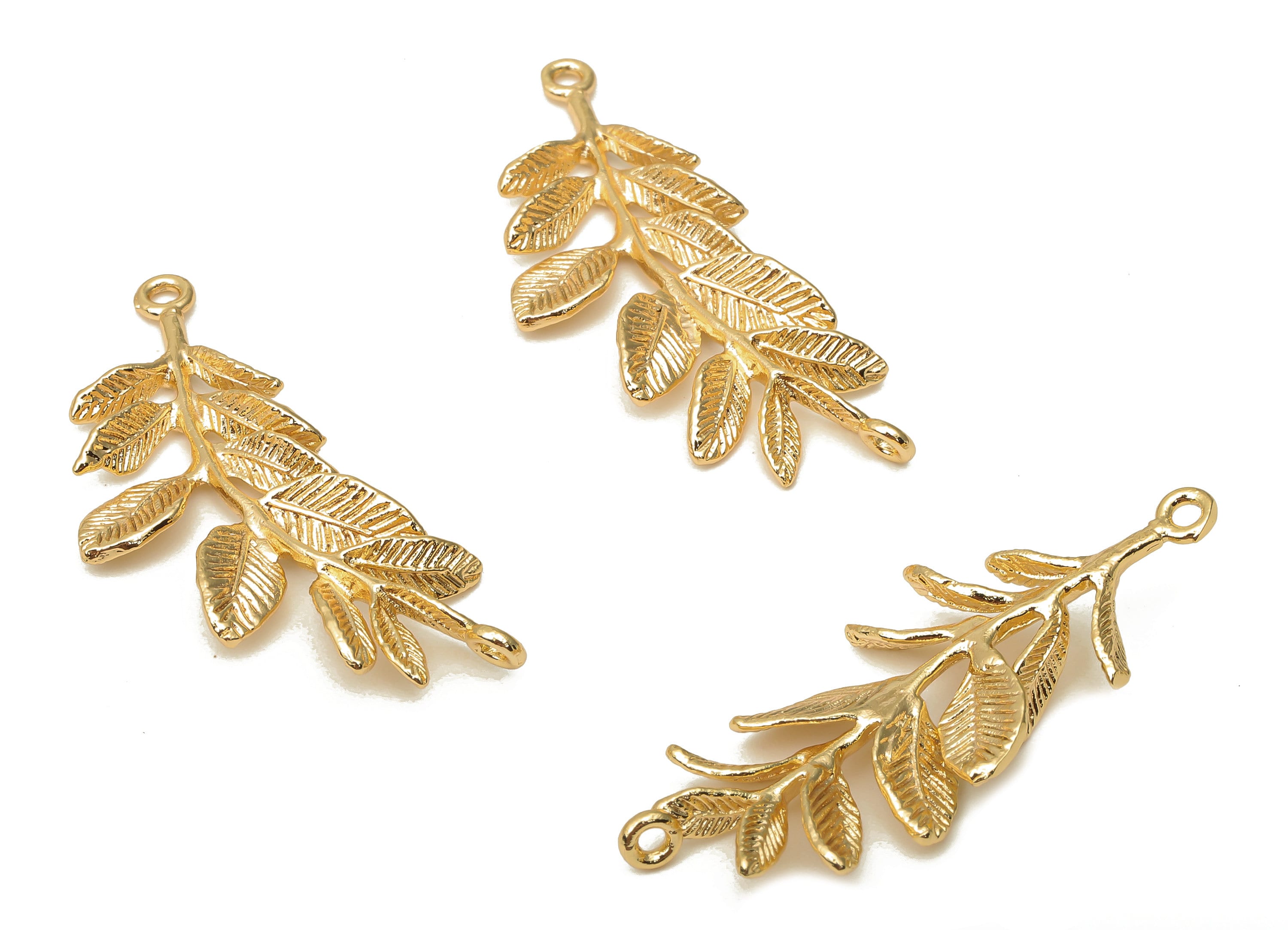Brass Leaves Earring Charms - Gold Plated leaves Pendant - 18K Real Gold Plated Brass - Brass Long Branch Pendant - 43x16.3x2.92mm - RGP5048 - DOMEDBAZAAR