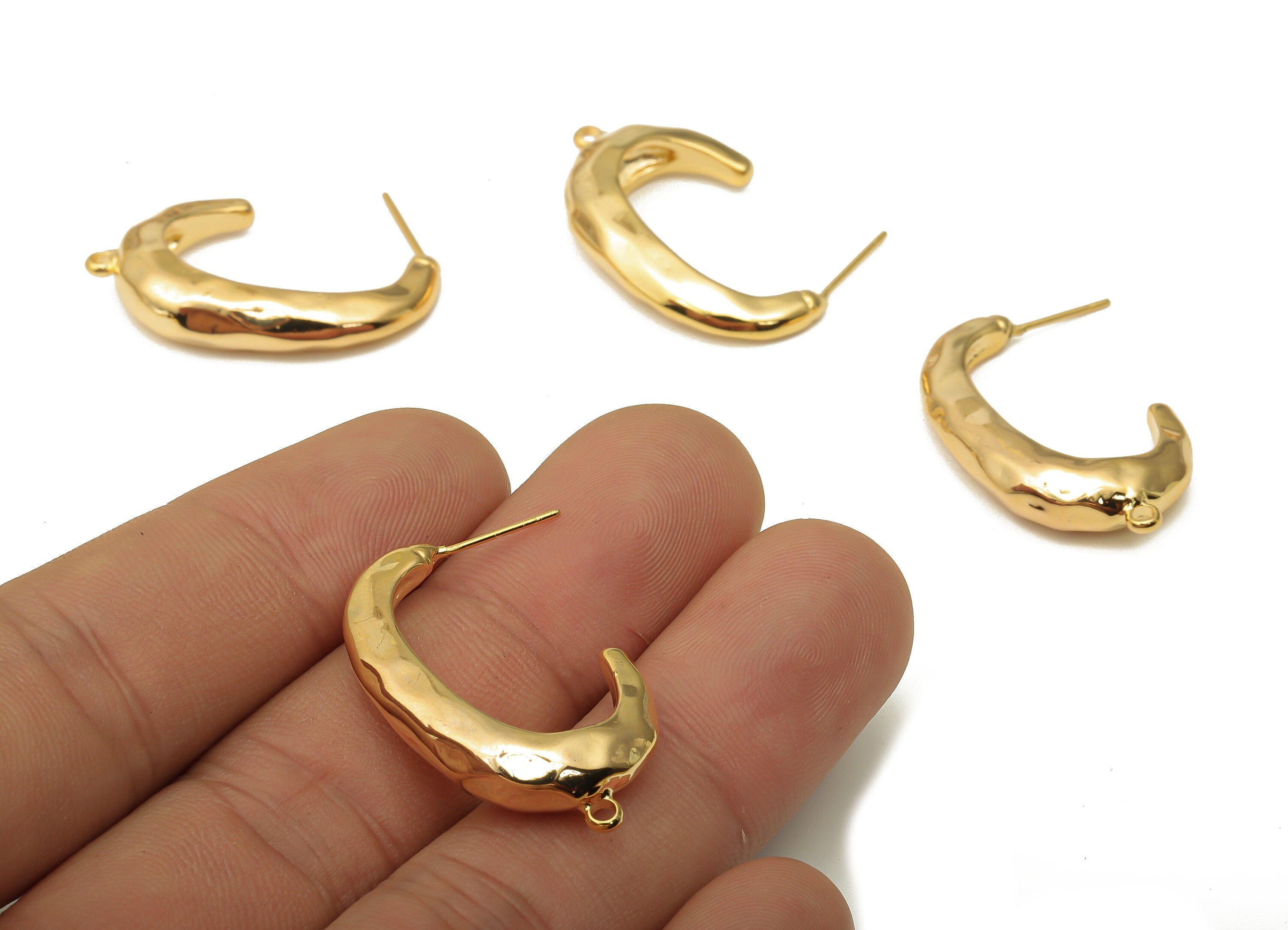 Brass Oval Earrings Post - Thick Hammered Earring With Loop -  Stainless Steel C Stud - 18K Real Gold Plating -31.22x18.92x6.37mm - RGP5052 - DOMEDBAZAAR