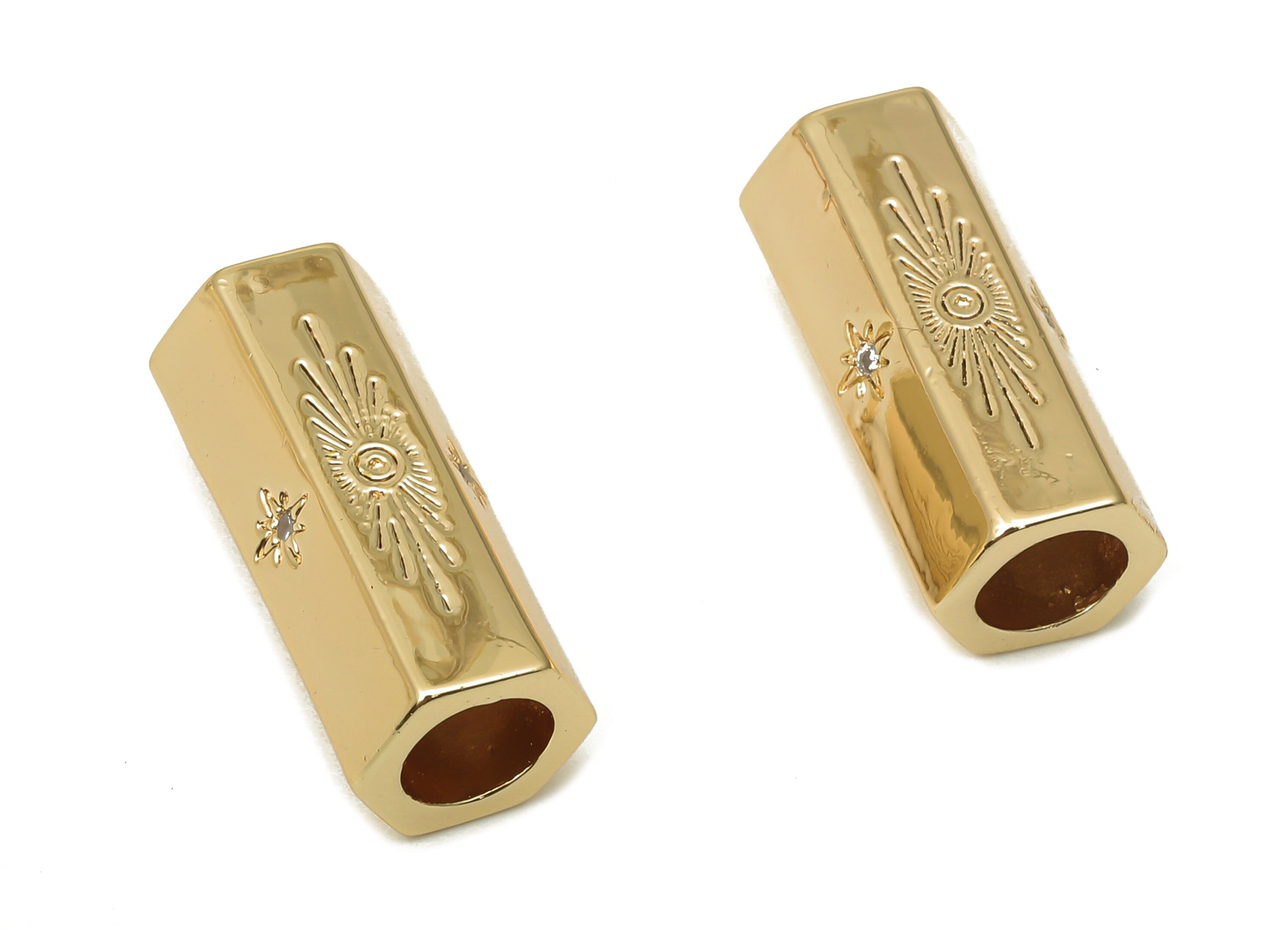 Brass Bead Earrings - Hexagon Tube Sun Bead Earring with Zircon - Geometric Bracelet Bead - 18K Real Gold Plating - 19.72x8x8mm - RGP5054 - DOMEDBAZAAR