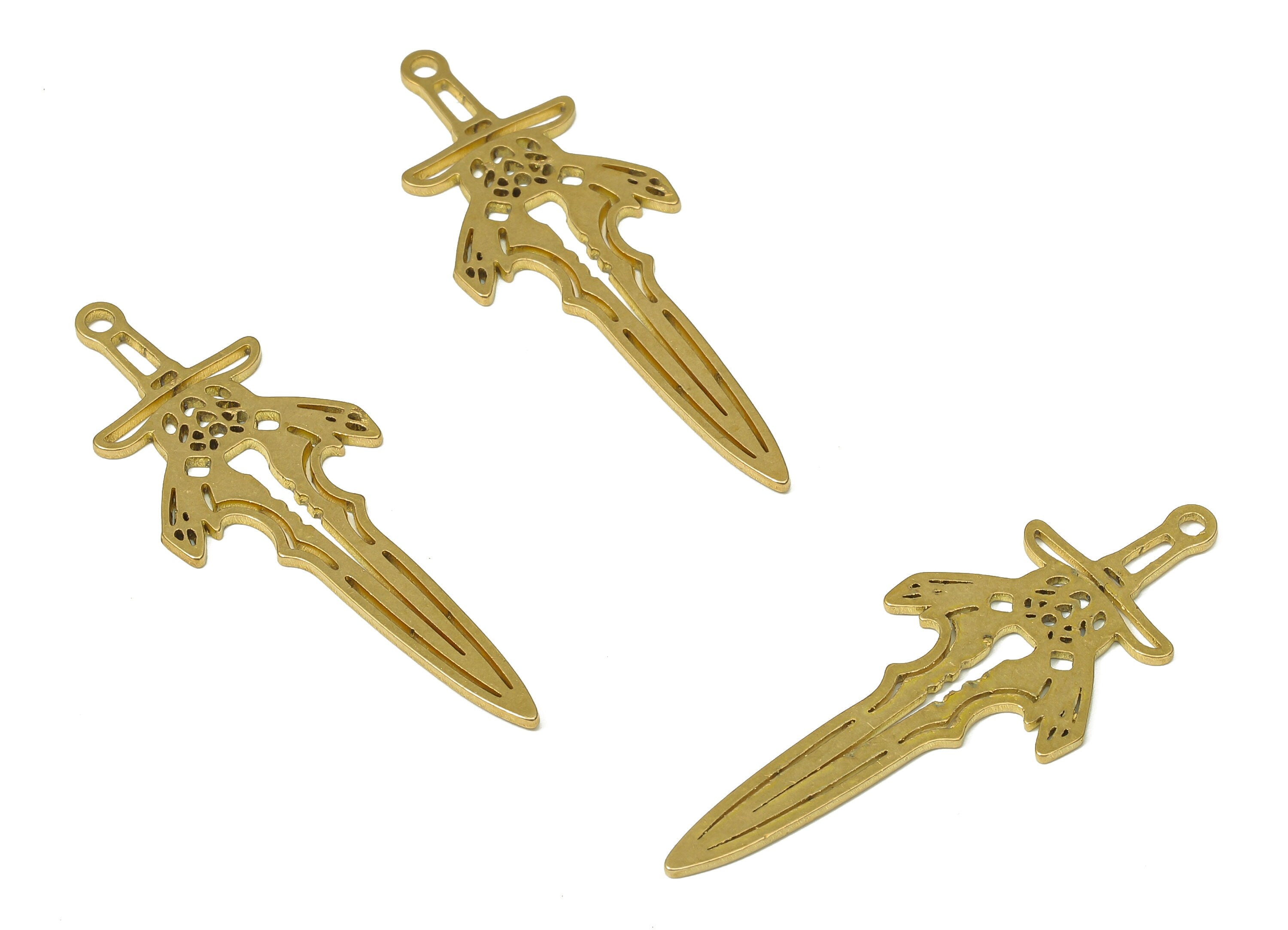 Brass Sword Earring Charm - Raw Brass Sword Cutout Pendant With Loop - Cutout Charm - Sword Charm - 39.63x14.56x0.88mm - PPA4919 - DOMEDBAZAAR