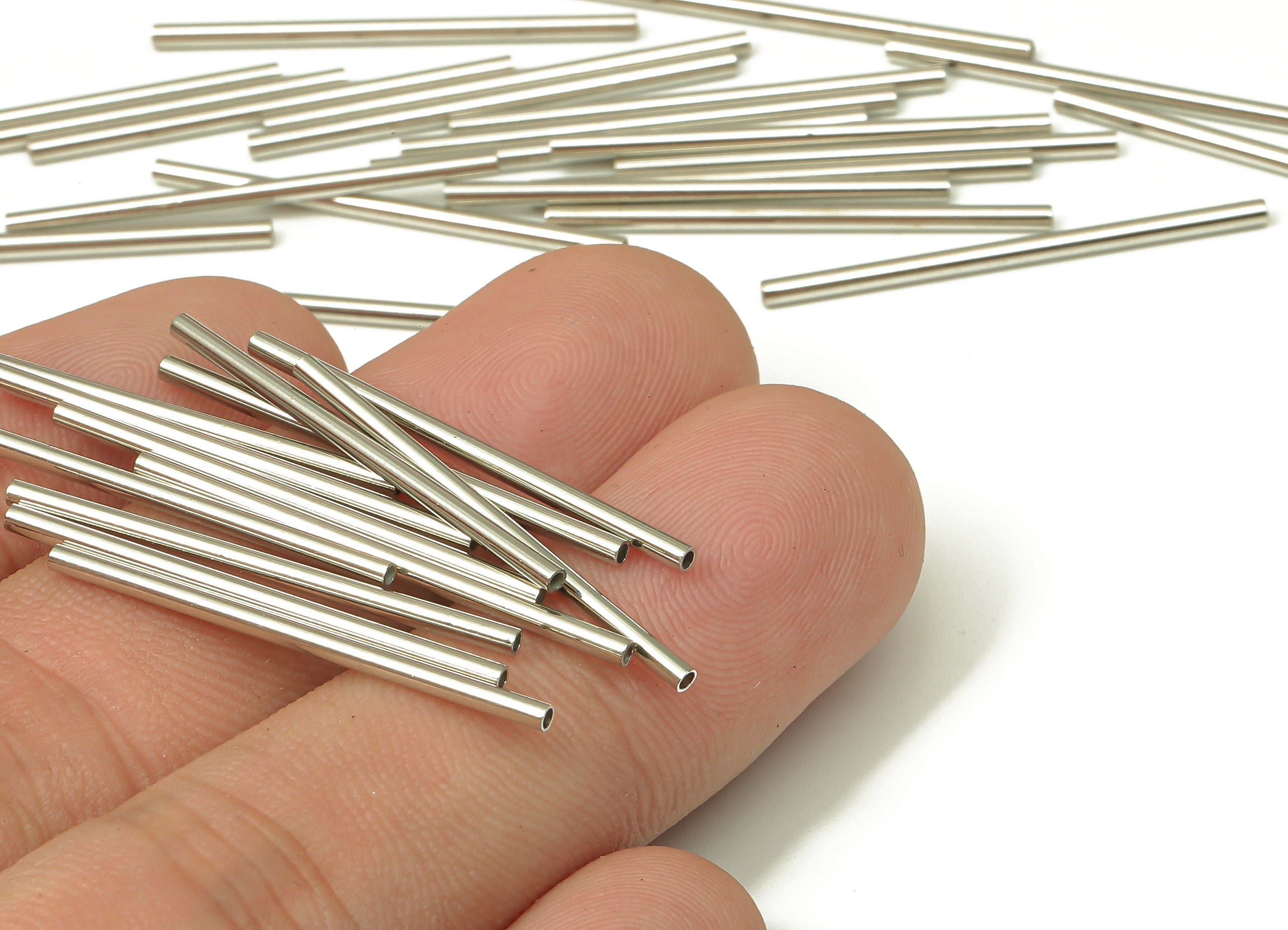 Silver Tone Himmeli Tubes - Brass Round Himmeli DIY Tube Beads - Circle Pipes for Geometric - For Air Plants -1.5x0.2x30mm - PP4567S-30 - DOMEDBAZAAR