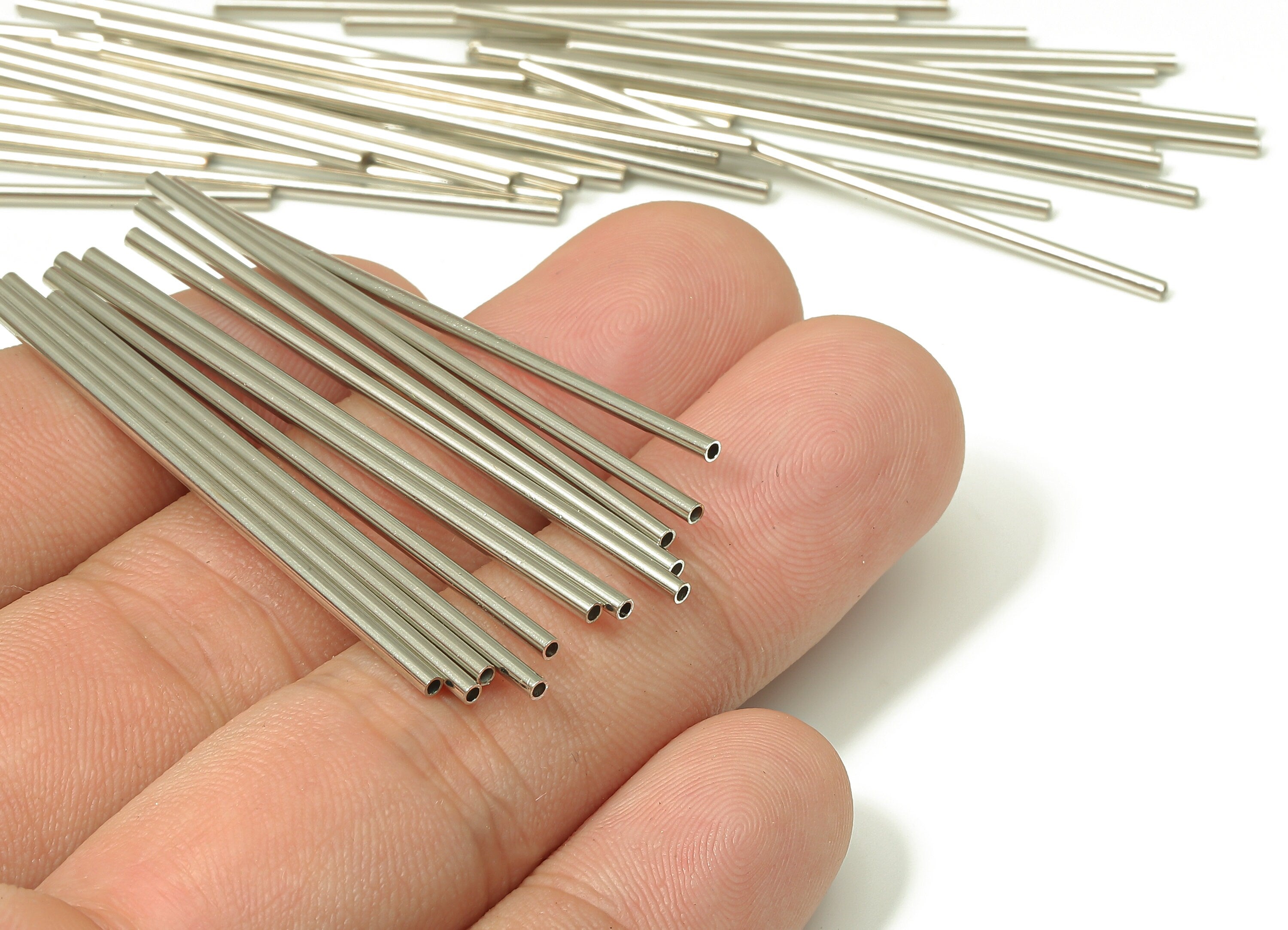 Silver Tone Himmeli Tubes - Brass Round Himmeli DIY Tube Beads - Circle Pipes for Geometric - For Air Plants -1.5x0.2x50mm - PP4567S-50 - DOMEDBAZAAR