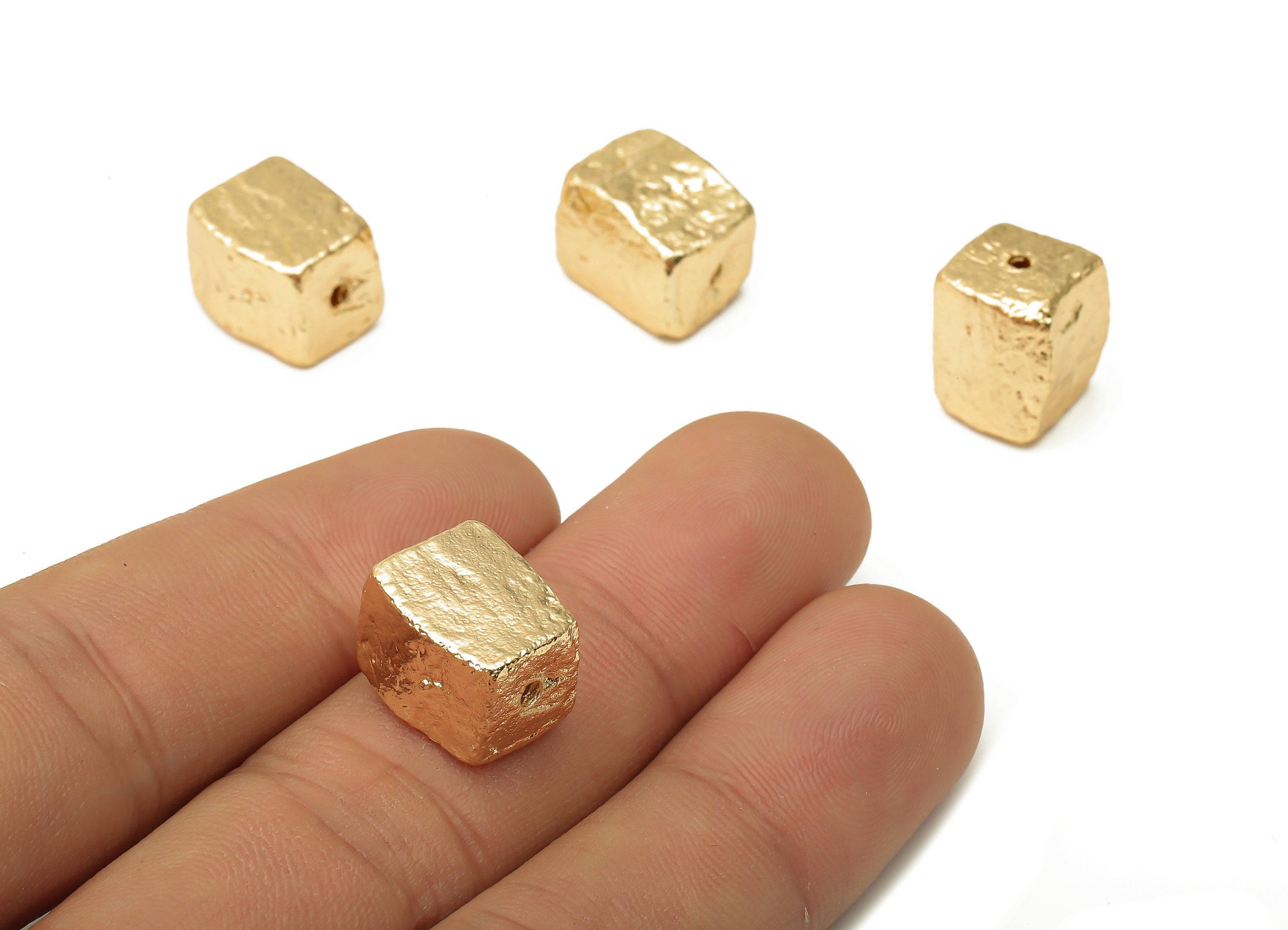 Brass Cubic Bead Earring - Dainty Cubic Beads - Hammered Gold Cube Beads for Bracelet - 18K Real Gold Plating - 13.2x10.5x10.1mm - RGP5063 - DOMEDBAZAAR