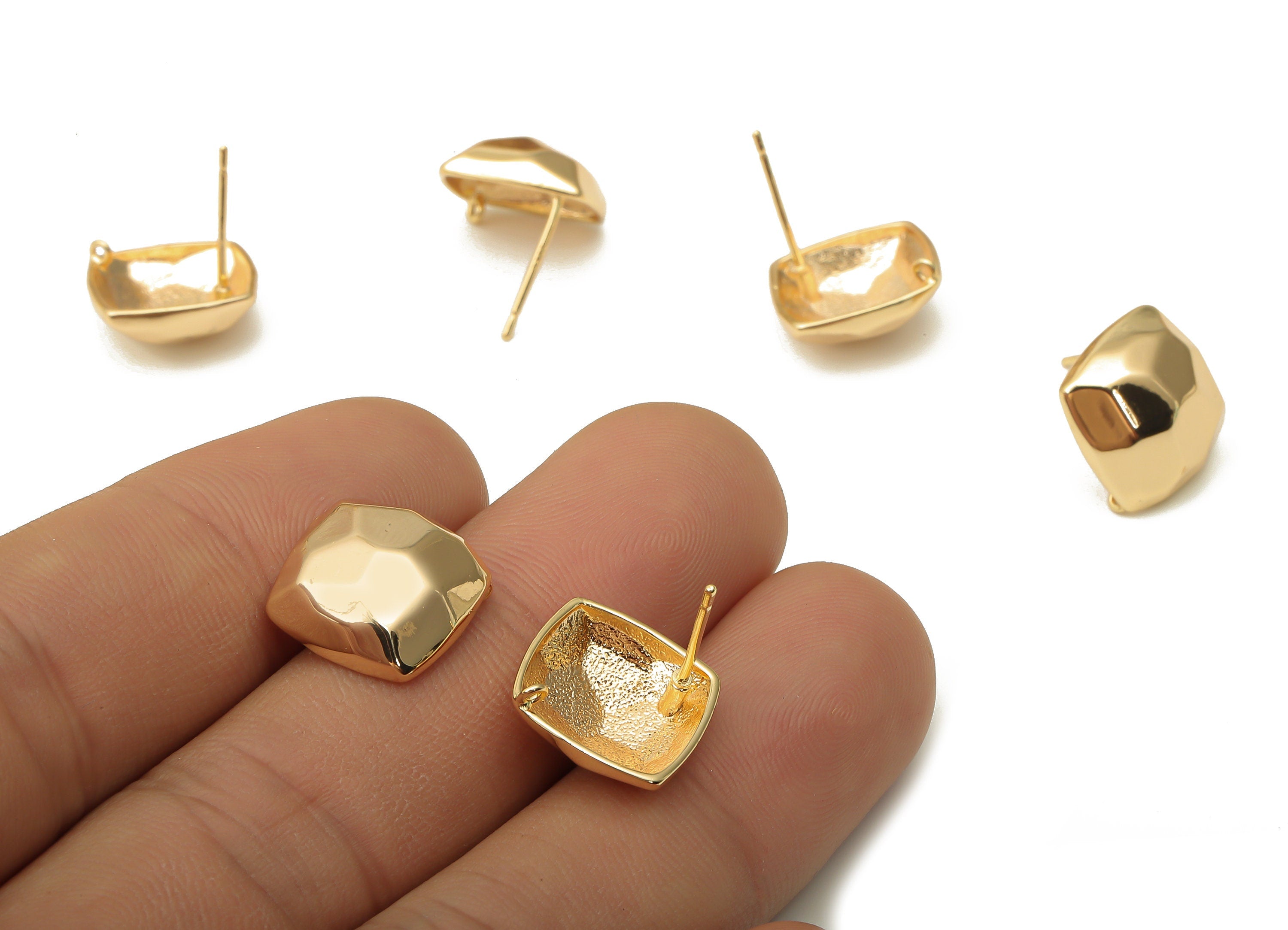 Brass Square Earrings Posts - Faceted Square Earring With Loop - 925 Silver Stud - 18K Real Gold Plated Brass - 16.02x15.5x0.94mm - RGP5066 - DOMEDBAZAAR
