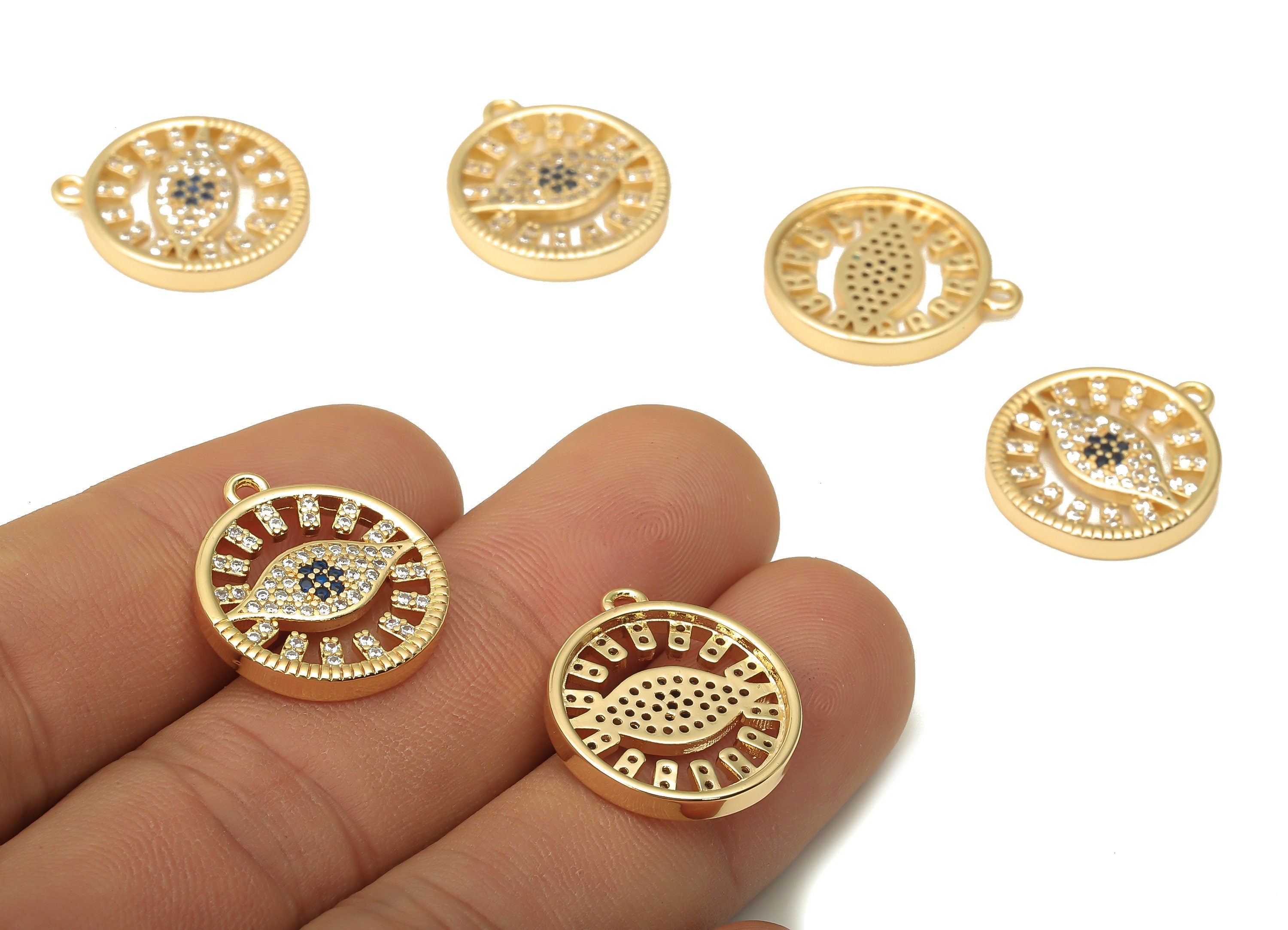 Brass Round Eye Earring Charms - Brass Circle Eye Pendant With Zircon - Brass Pendant - 18K Real Gold Plated - 20.45x17.8x2.66mm - RGP5071 - DOMEDBAZAAR
