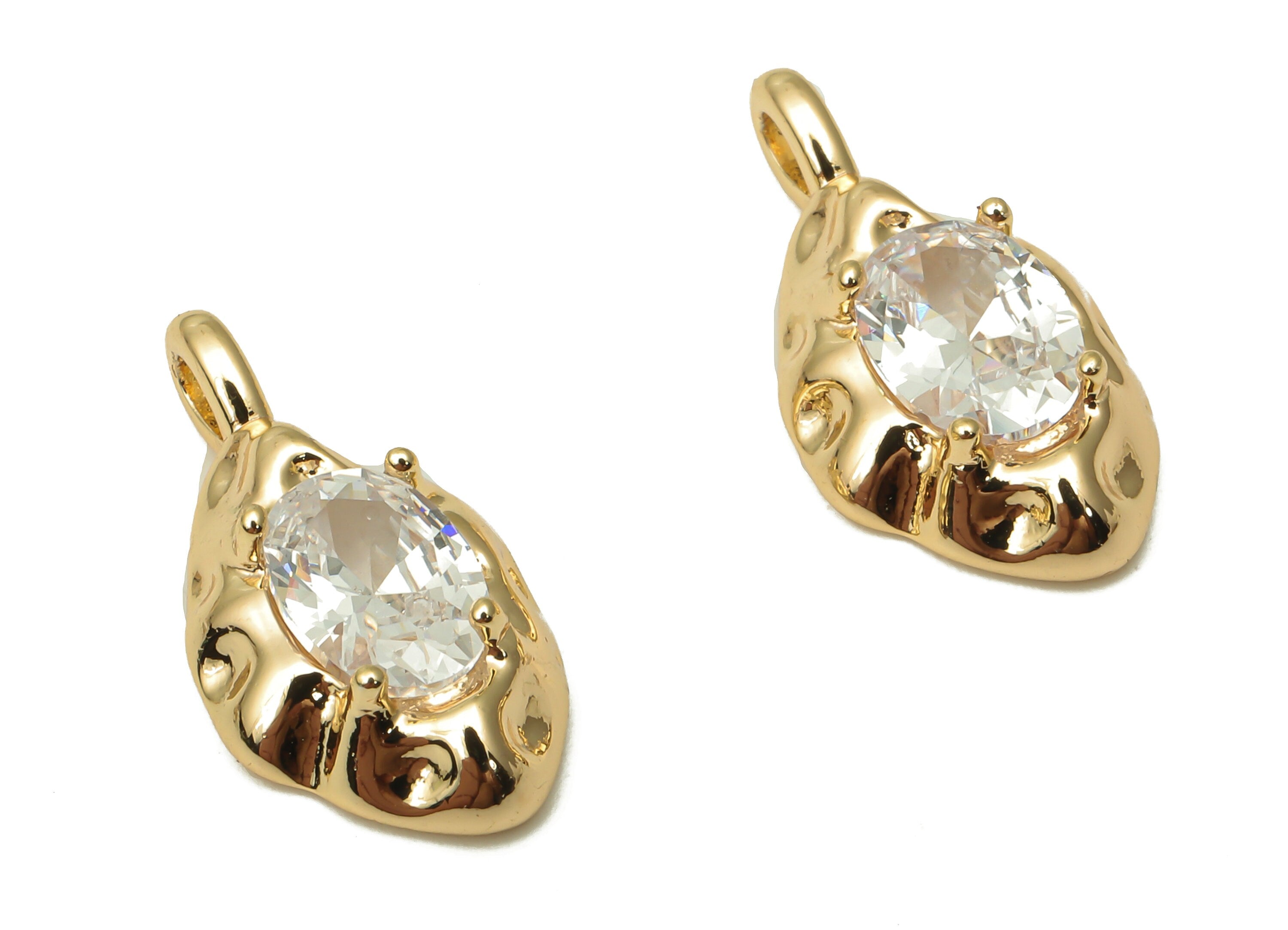 Brass Oval Earring Charm - Brass Oval Pendant with Zircon - For Necklace - 18K Real Gold Plated - 20.23x10.32x4.77mm - RGP5077 - DOMEDBAZAAR