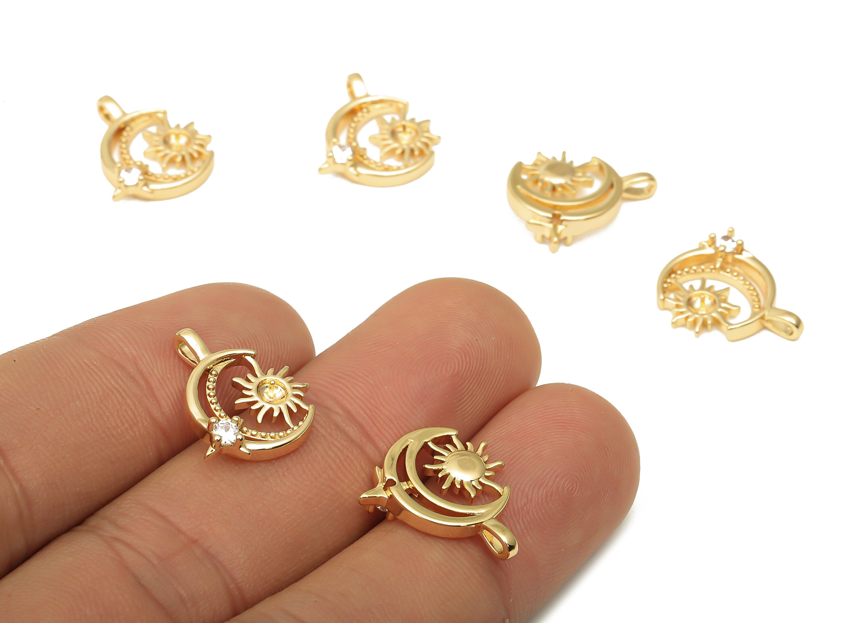 Brass Crescent Moon Earrings with Zircon - Brass Sun Pendant - 18K Real Gold Plated Brass - 16.67x14.95x2.22mm - RGP5078 - DOMEDBAZAAR