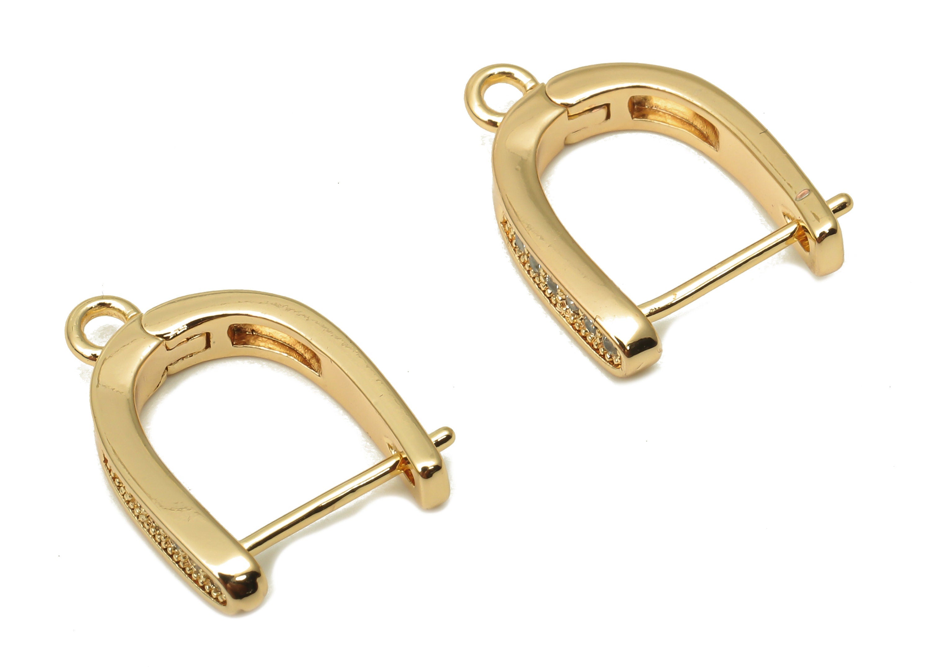 Brass Earrings Clasps - Brass U Earrings With Zircon - Horsehoe Earring With Loop - 18K Real Gold Plated Brass - 16.14x12.2x2.93mm - RGP5089 - DOMEDBAZAAR