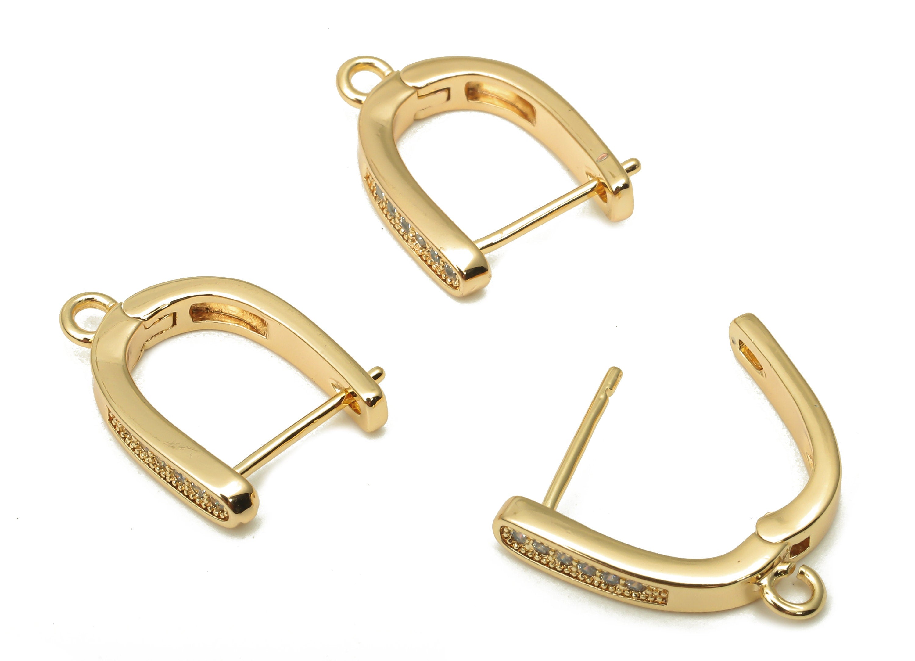 Brass Earrings Clasps - Brass U Earrings With Zircon - Horsehoe Earring With Loop - 18K Real Gold Plated Brass - 16.14x12.2x2.93mm - RGP5089 - DOMEDBAZAAR