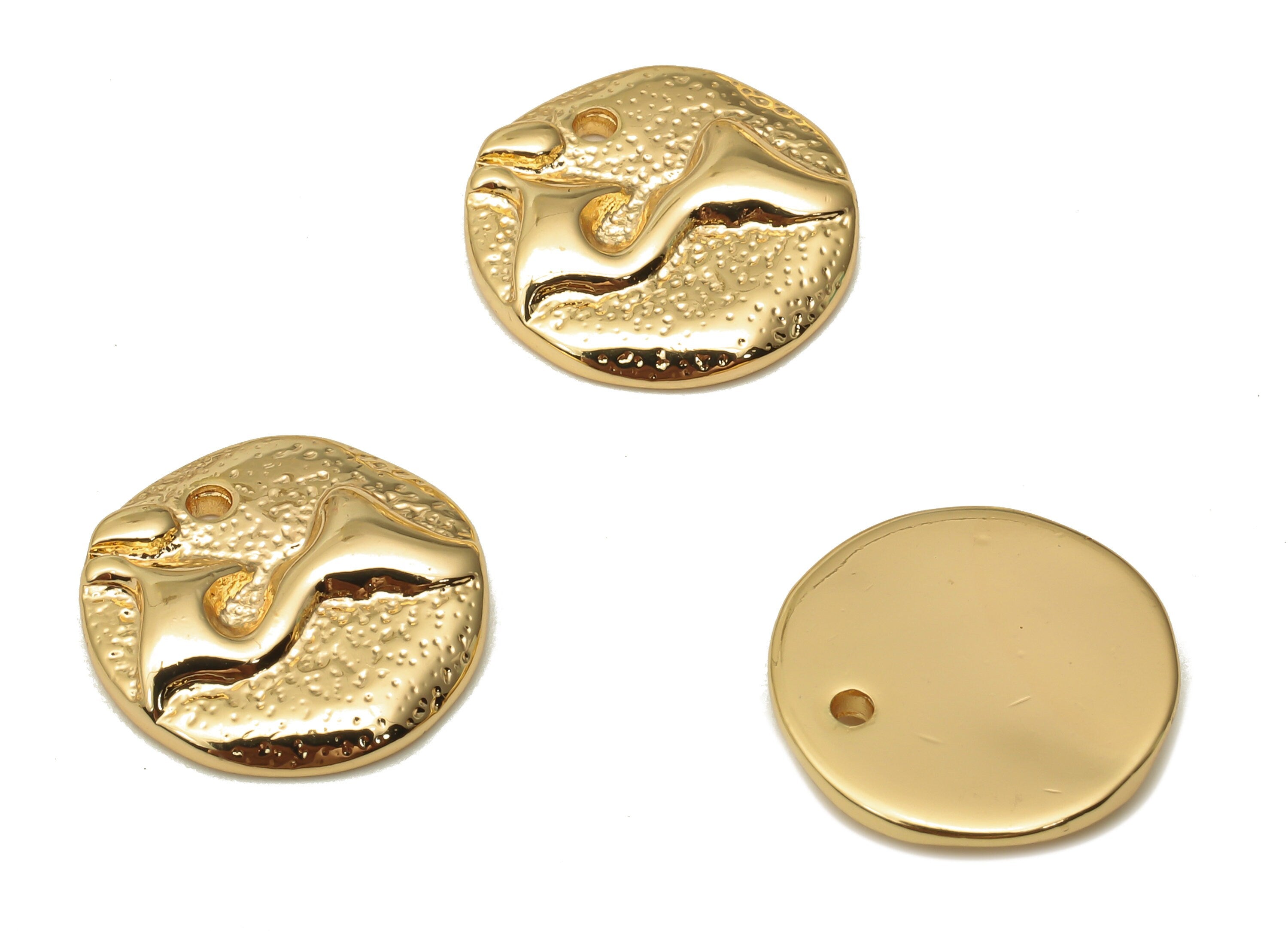 Brass Coin Earring - Gold Abstract Medallion Pendant - Irregular Circle Pendant - 18K Real Gold Plated Brass - 14.9x14.9x2.86mm - RGP5090 - DOMEDBAZAAR