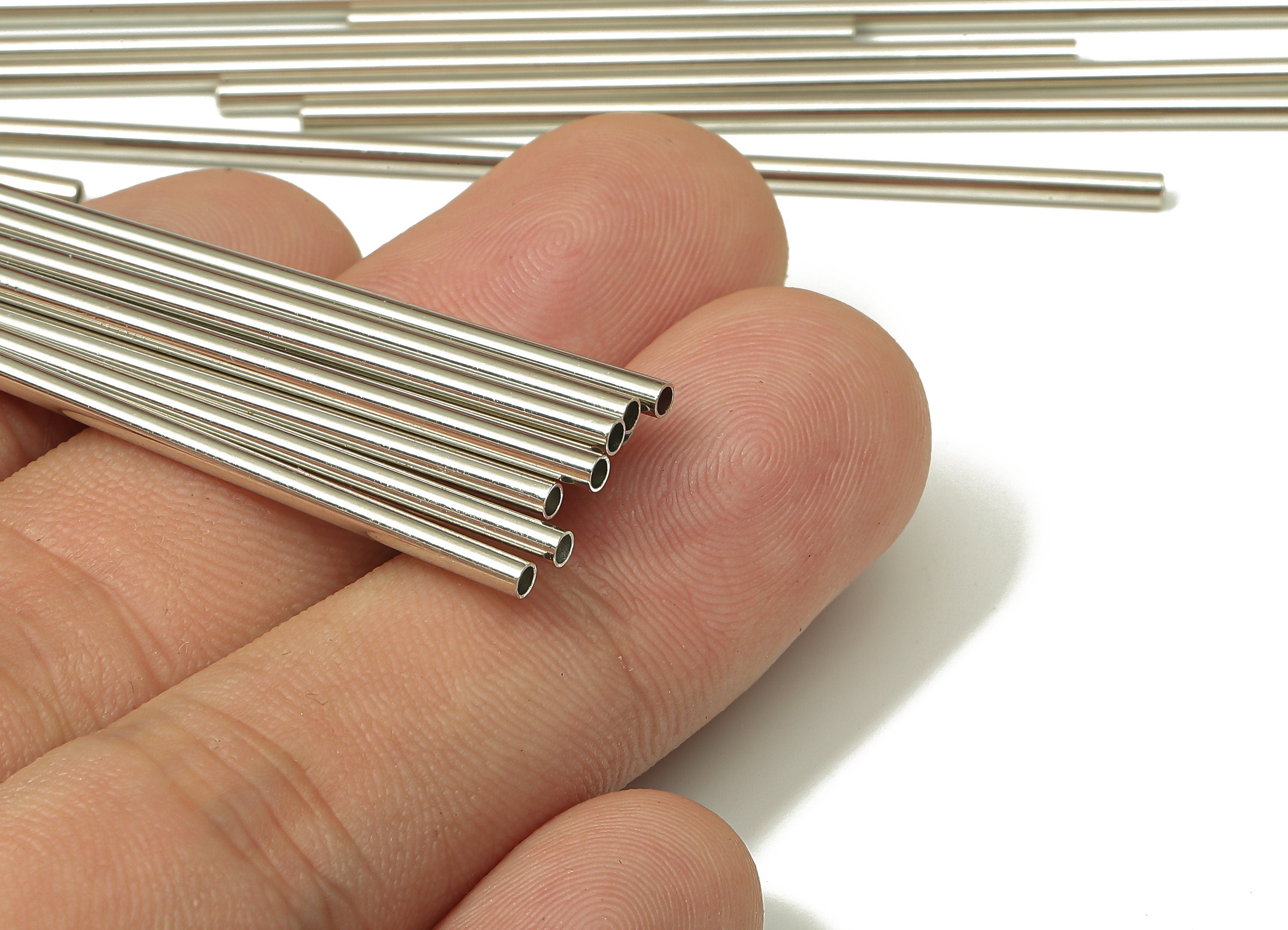 Silver Tone Himmeli Tubes - Brass Round Himmeli DIY Tube Beads - Circle Pipes for Geometric - For Air Plants - 2x0.2x70mm- PP4568S-70 - DOMEDBAZAAR