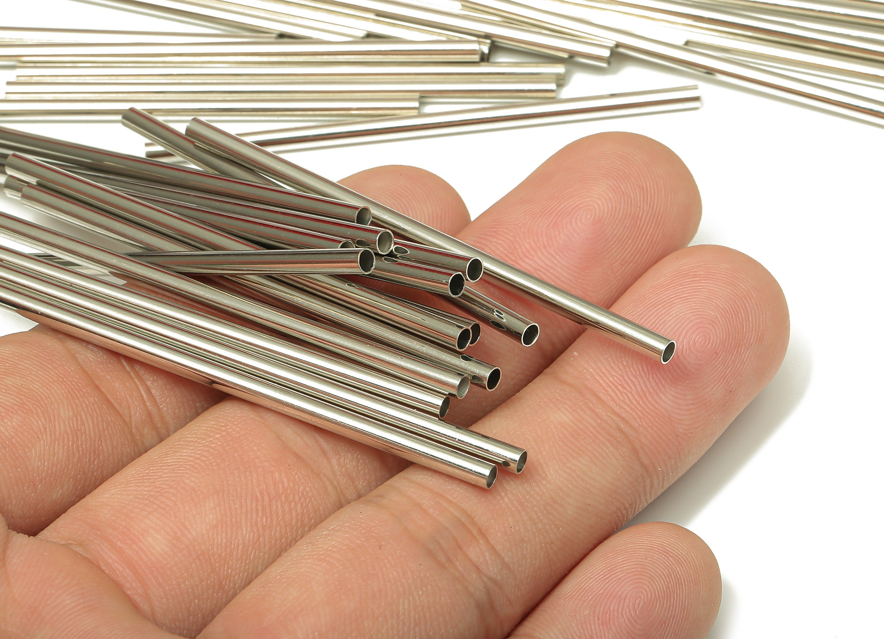 Silver Tone Himmeli Tubes - Brass Round Himmeli DIY Tube Beads - Circle Pipes for Geometric - For Air Plants - 2.5x0.2x60mm- PP4569S-60 - DOMEDBAZAAR