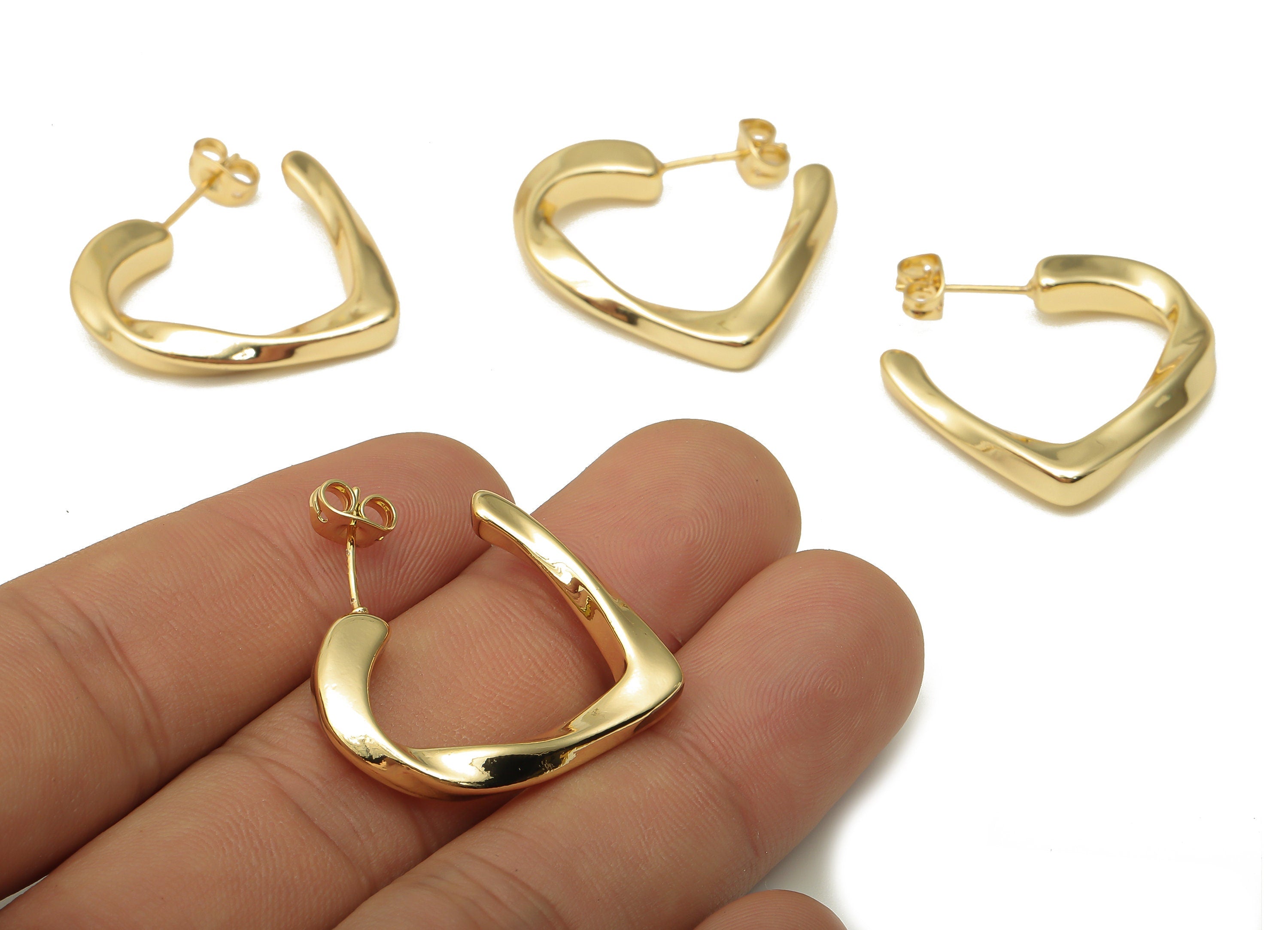 Brass Heart Earring Posts - Brass Gold Open Heart Hoop Earring Stud - 18K Real Gold Plating - 925 Silver Stud - 28.48x23.28x4.22mm - RGP5113 - DOMEDBAZAAR
