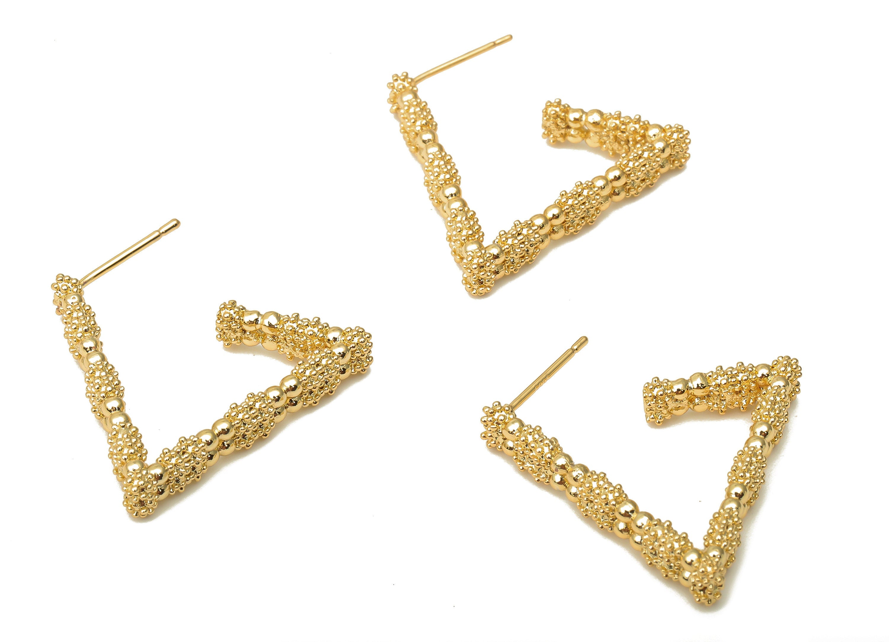 Brass Triangle Earring Post - Geometric Gold Open Triangle Hoop Earring - 925 Silver Stud -18K Real Gold Plating - 27.95x24.7x2.9mm -RGP5114 - DOMEDBAZAAR