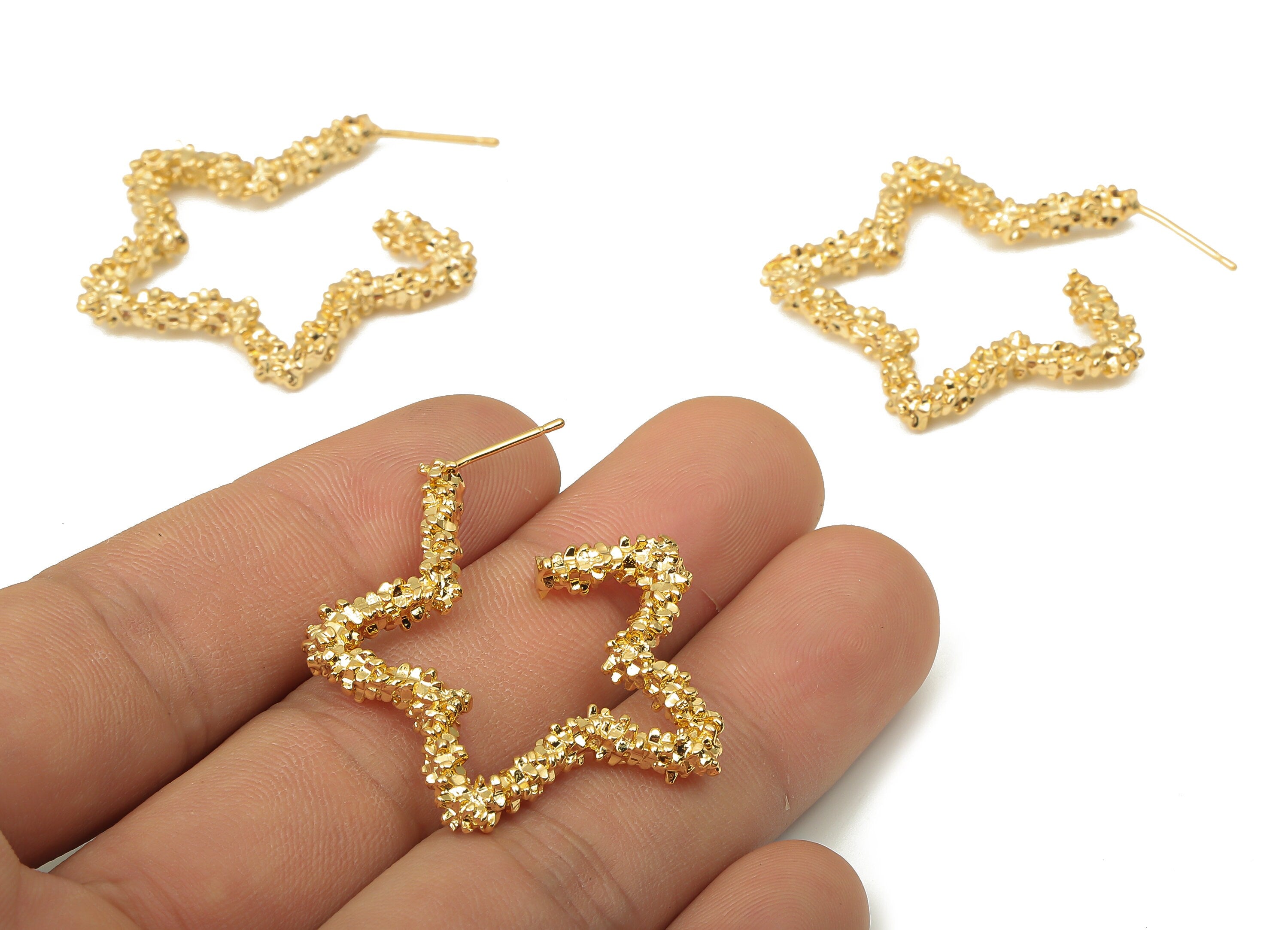 Brass Star Earring Posts - 925 Silver Stud - Brass Gold Open Star Hoop Earring Stud - 18K Real Gold Plating - 37.55x33.92x4.11mm - RGP5115 - DOMEDBAZAAR