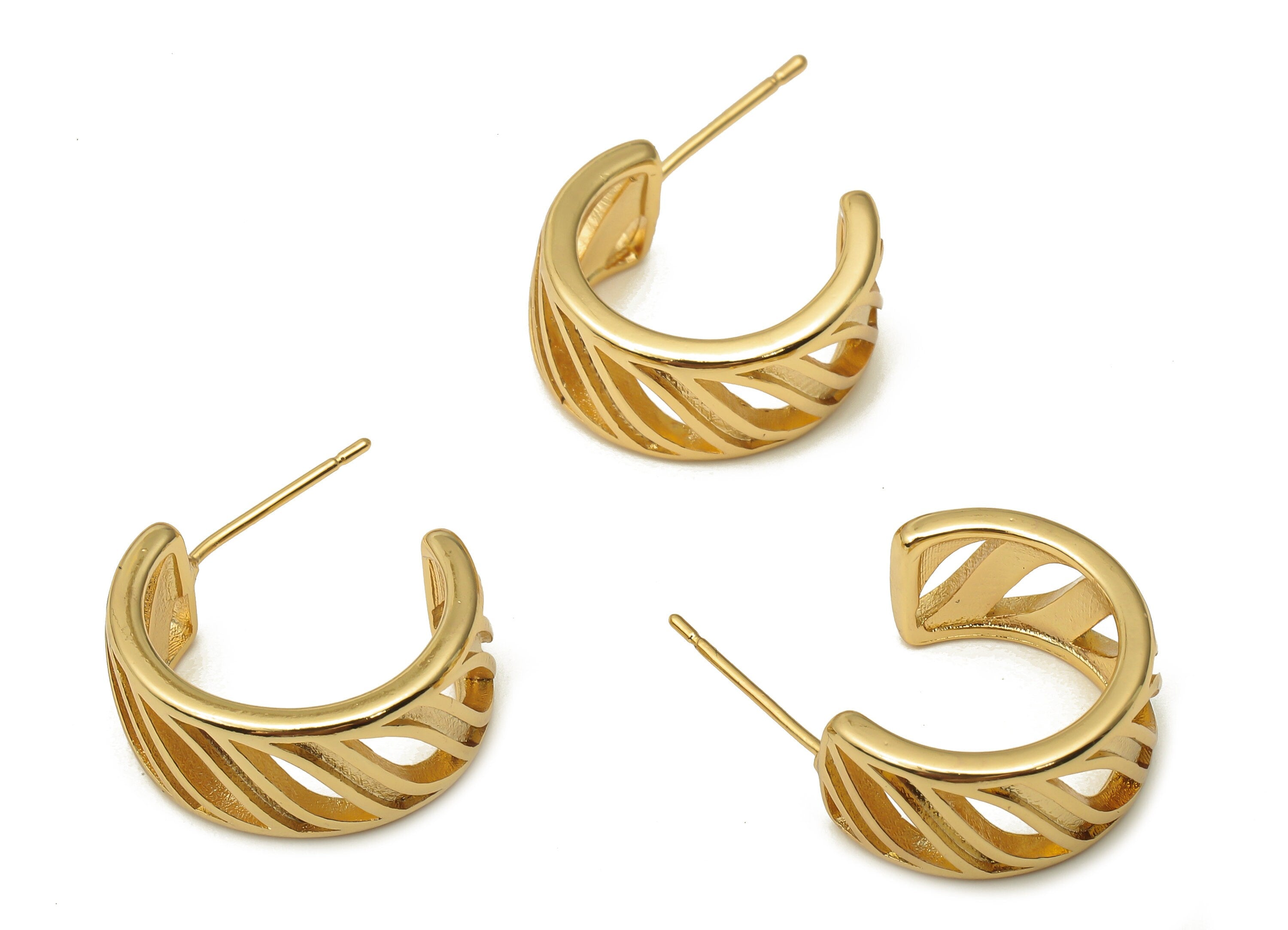 Brass Round Stud Earrings - Circle Gold Thick Earring Hoop - Brass 925 Silver Stud - 18K Real Gold Plating Post - 18.23x15.3x2.1mm - RGP5122 - DOMEDBAZAAR