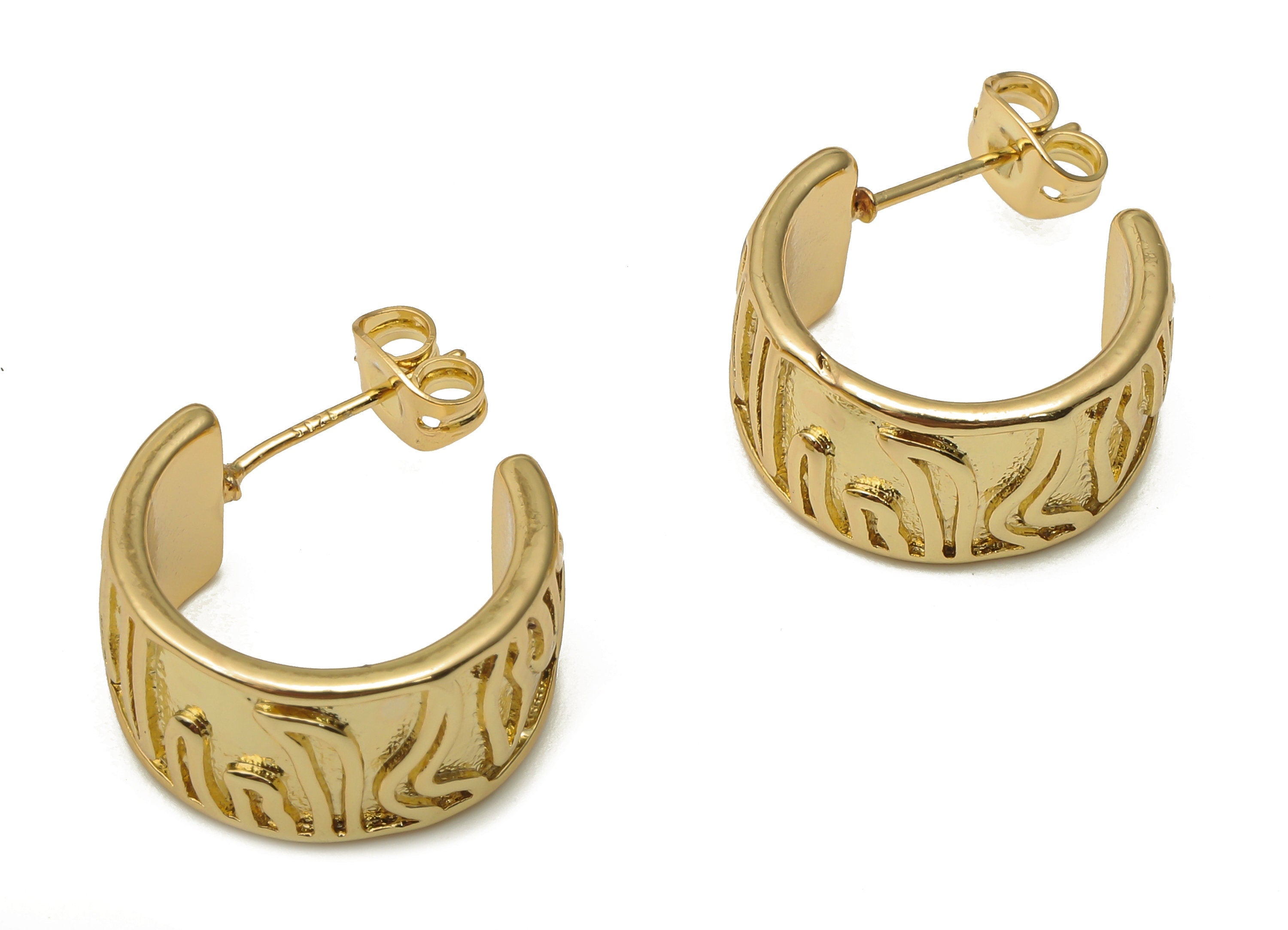 Brass Round Stud Earrings - Circle C Thick Open Hoop Earring Post - 925 Silver Stud - 18K Real Gold Plated Brass - 17.97x15.14x2mm - RGP5126 - DOMEDBAZAAR