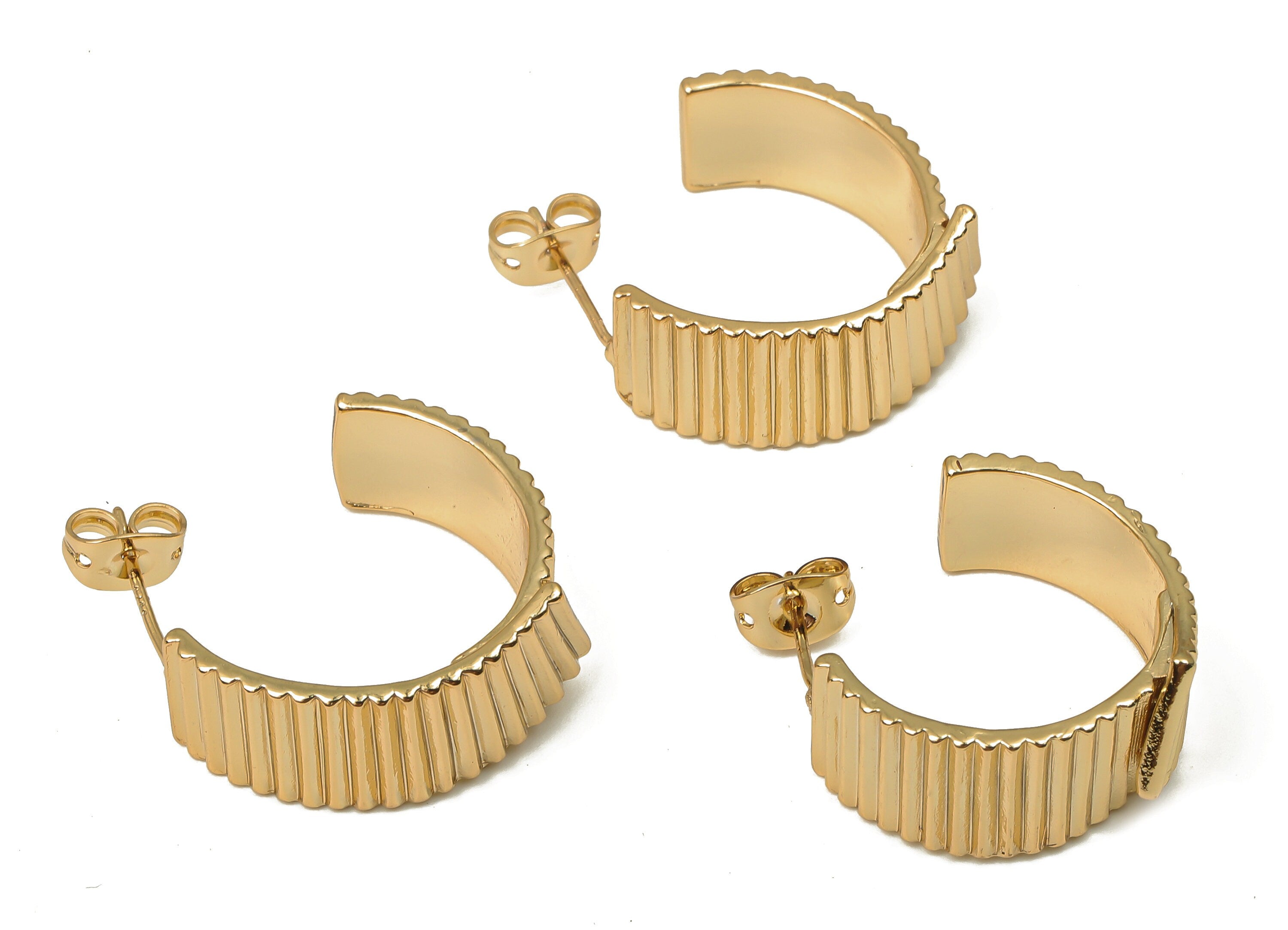 Brass Round Stud Earrings - C Circle Thick Open Hoop Earring Post - 925 Silver Stud - 18K Real Gold Plated Brass -21.1x18.8x1.47mm - RGP5127 - DOMEDBAZAAR