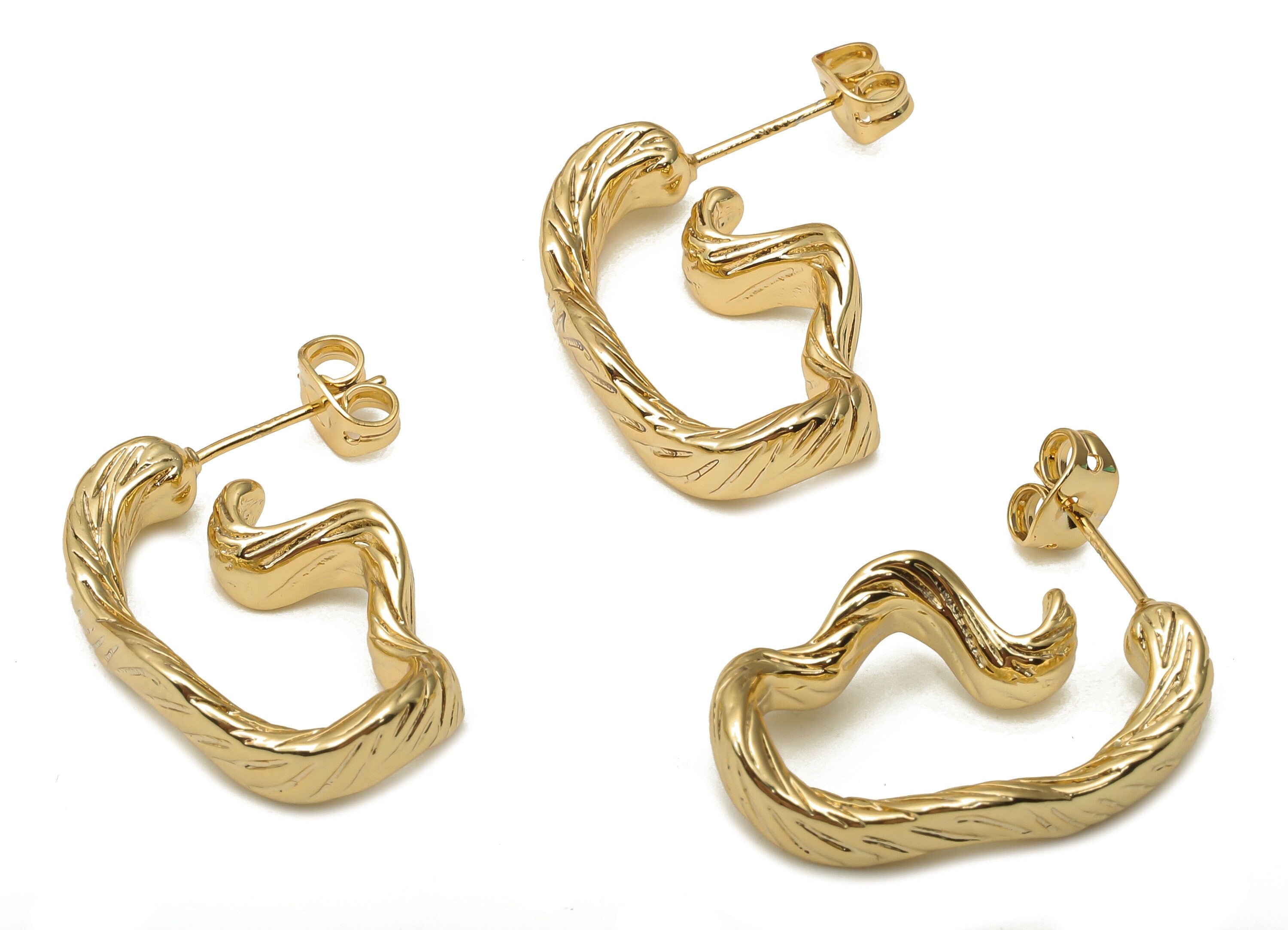 Brass Irregular Earrings Stud - Textured Gold Curved Earrings - 925 Silver Stud - 18K Real Gold Plated Brass - 25.52x15.4x2.44mm - RGP5128 - DOMEDBAZAAR