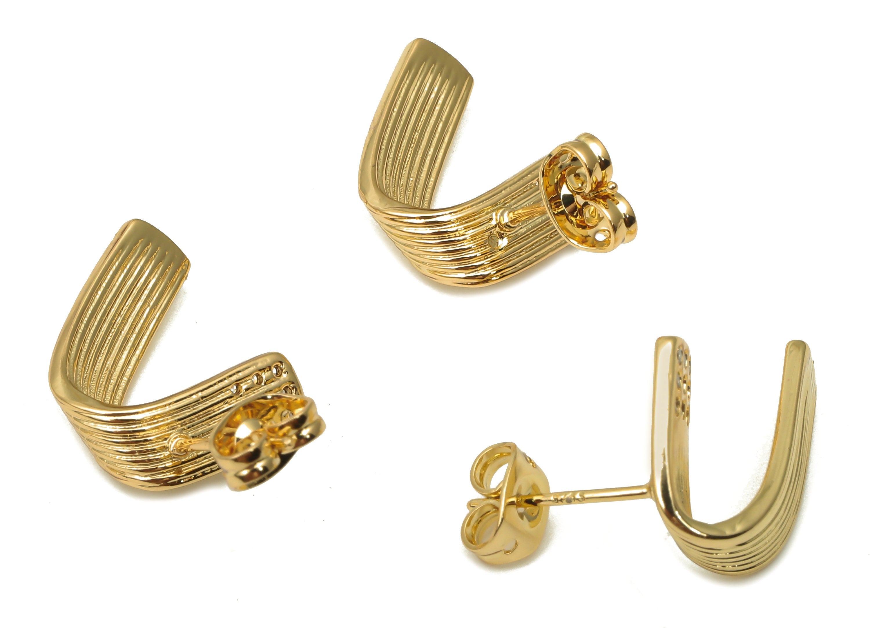 Brass Earring Stud With Zircons - Brass Thick Curved Earrings - 925 Silver Stud - 18K Real Gold Plated Brass - 16.57x15.6x1.5mm - RGP5130 - DOMEDBAZAAR