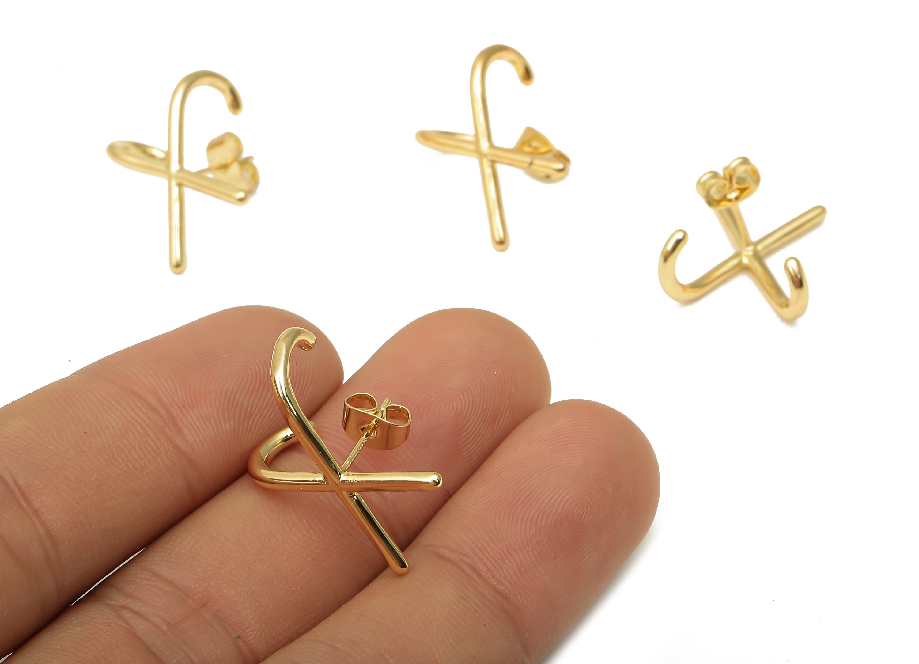 Brass J Earring Post - Brass X Curved Earring - 925 Silver Stud - Earring Stud - 18K Real Gold Plated Brass - 19.21x14.36x1.75mm - RGP5134 - DOMEDBAZAAR