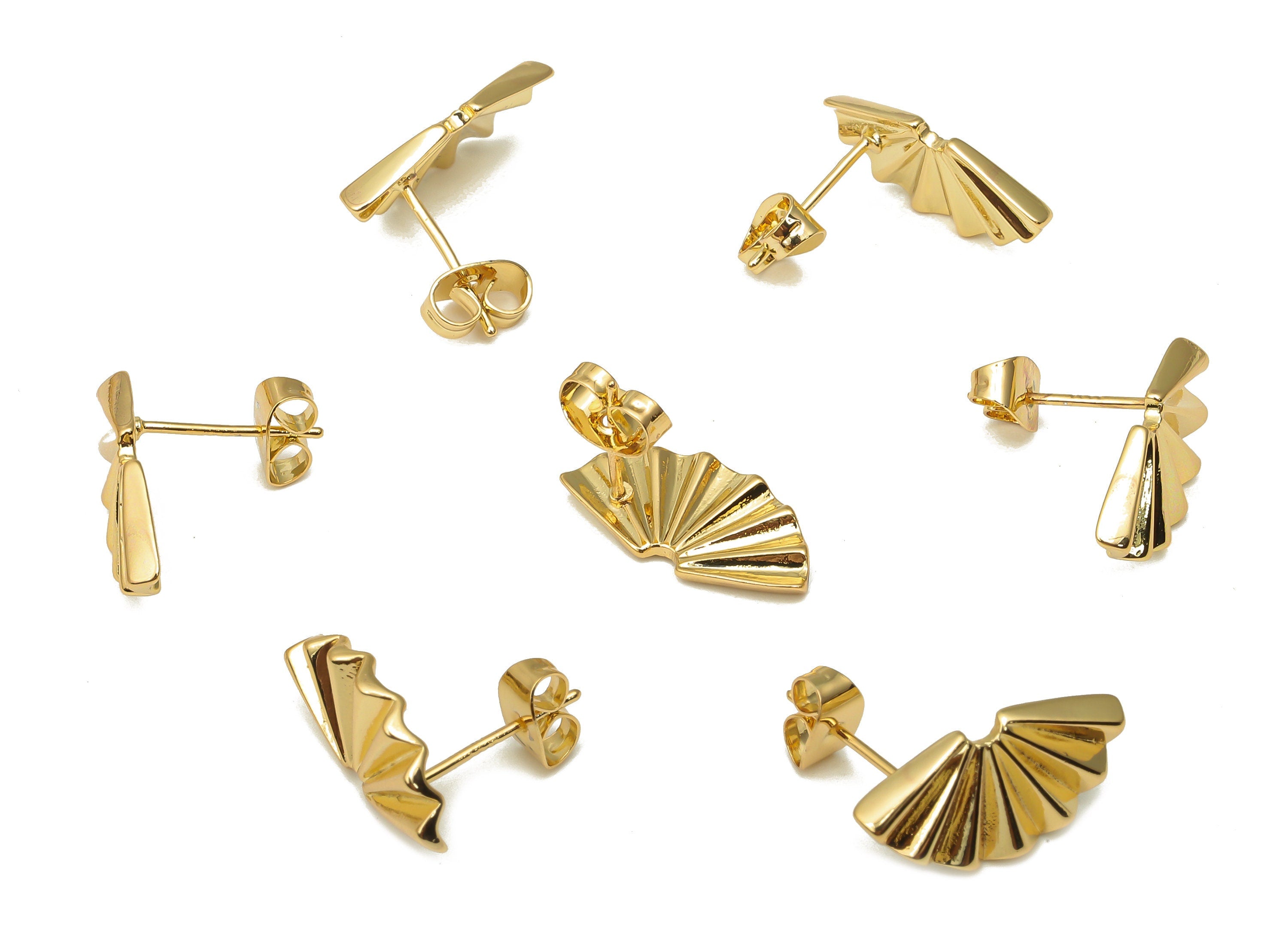 Brass Fan Earring Post - 925 Silver Stud - Brass Leaf Mini Shell Earring Stud - 18K Real Gold Plated Brass - 17.53x8.87x1.88mm - RGP5135 - DOMEDBAZAAR