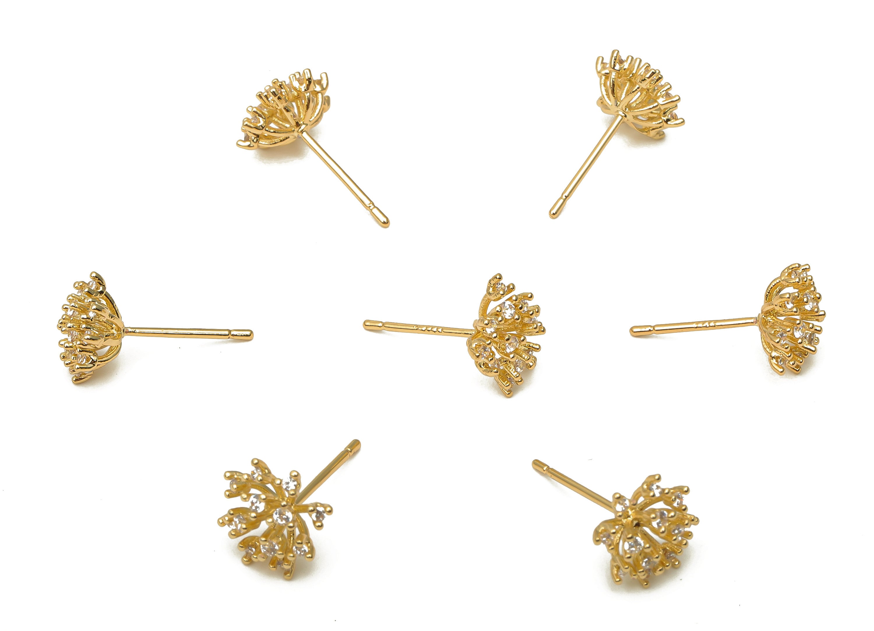 Brass Flower Post - Brass Long Flower Earring Stud with Zircon - 925 Silver Stud - 18K Real Gold Plated Brass - 10.2x10.2x4.92mm - RGP5138 - DOMEDBAZAAR