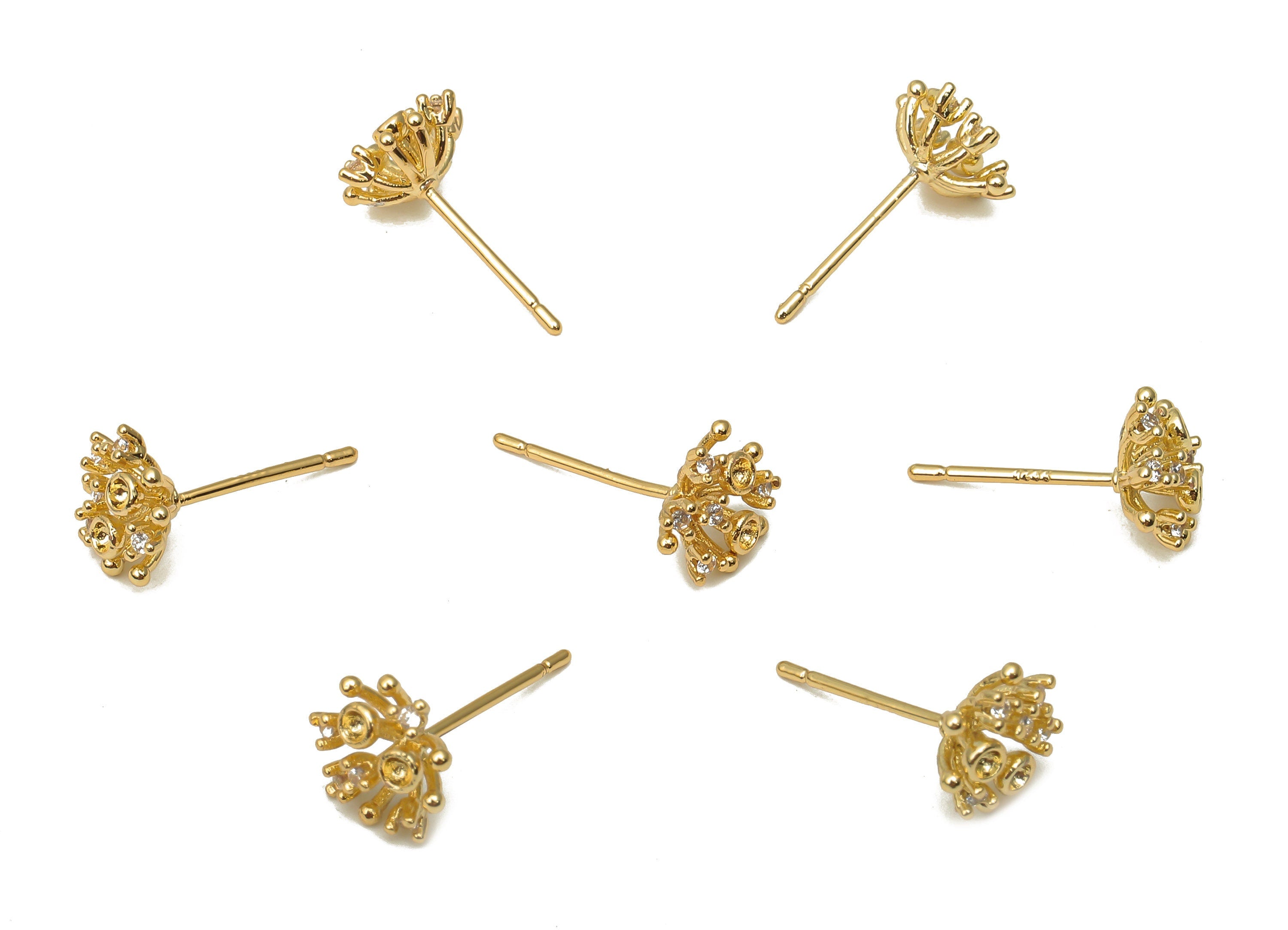 Brass Flower Earring Post - Brass Long Flower Earring Stud with Zircon - 18K Real Gold Plating - 925 Silver Stud - 8.94x8.94x4.2mm - RGP5140 - DOMEDBAZAAR