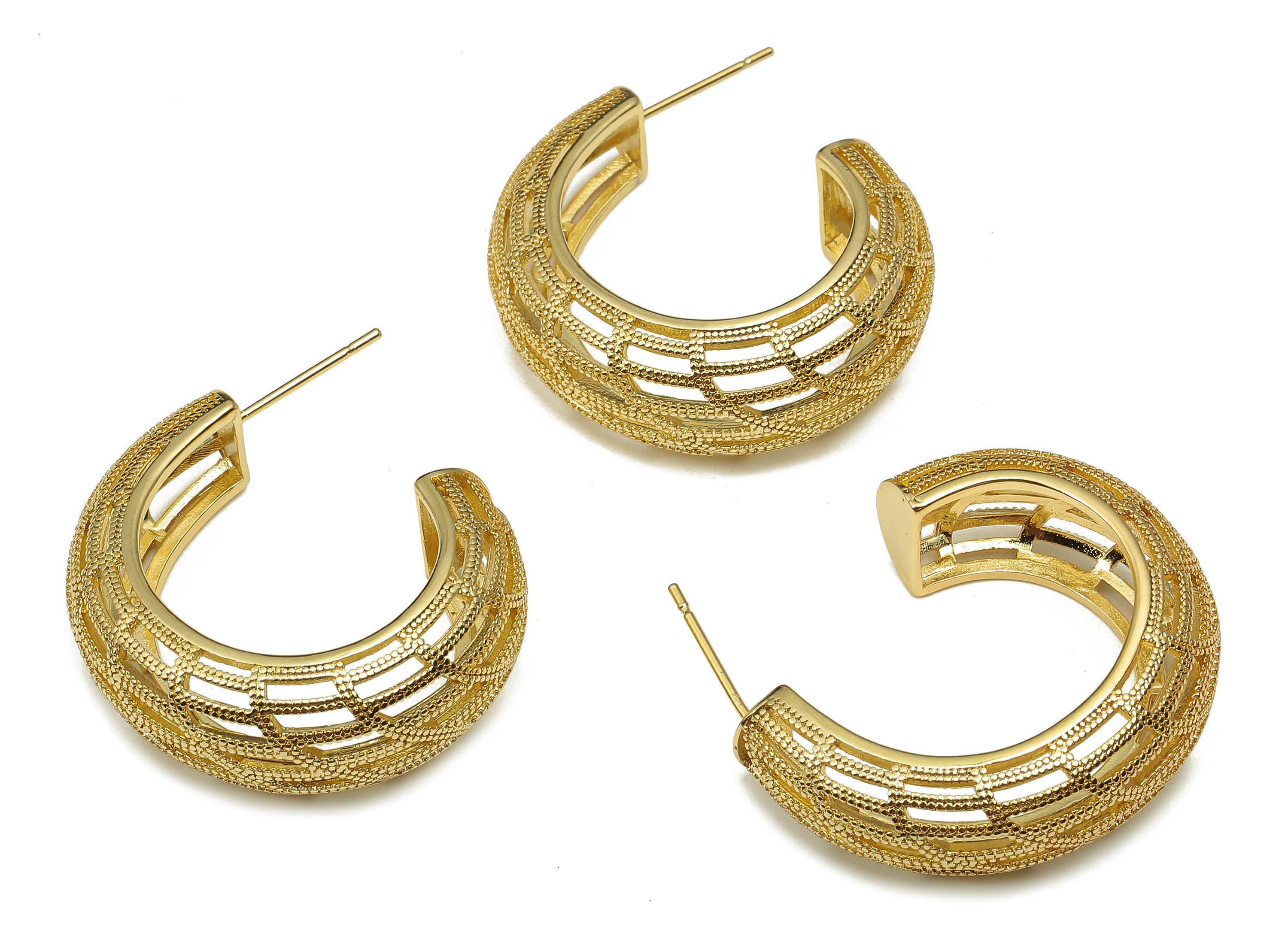 Brass Earring Post - Gold Open Hoop Earring - Thick Hoop - Stainless Steel Stud - 18K Real Gold Plating - 29.52x25.53x2.28mm - RGP5234 - DOMEDBAZAAR