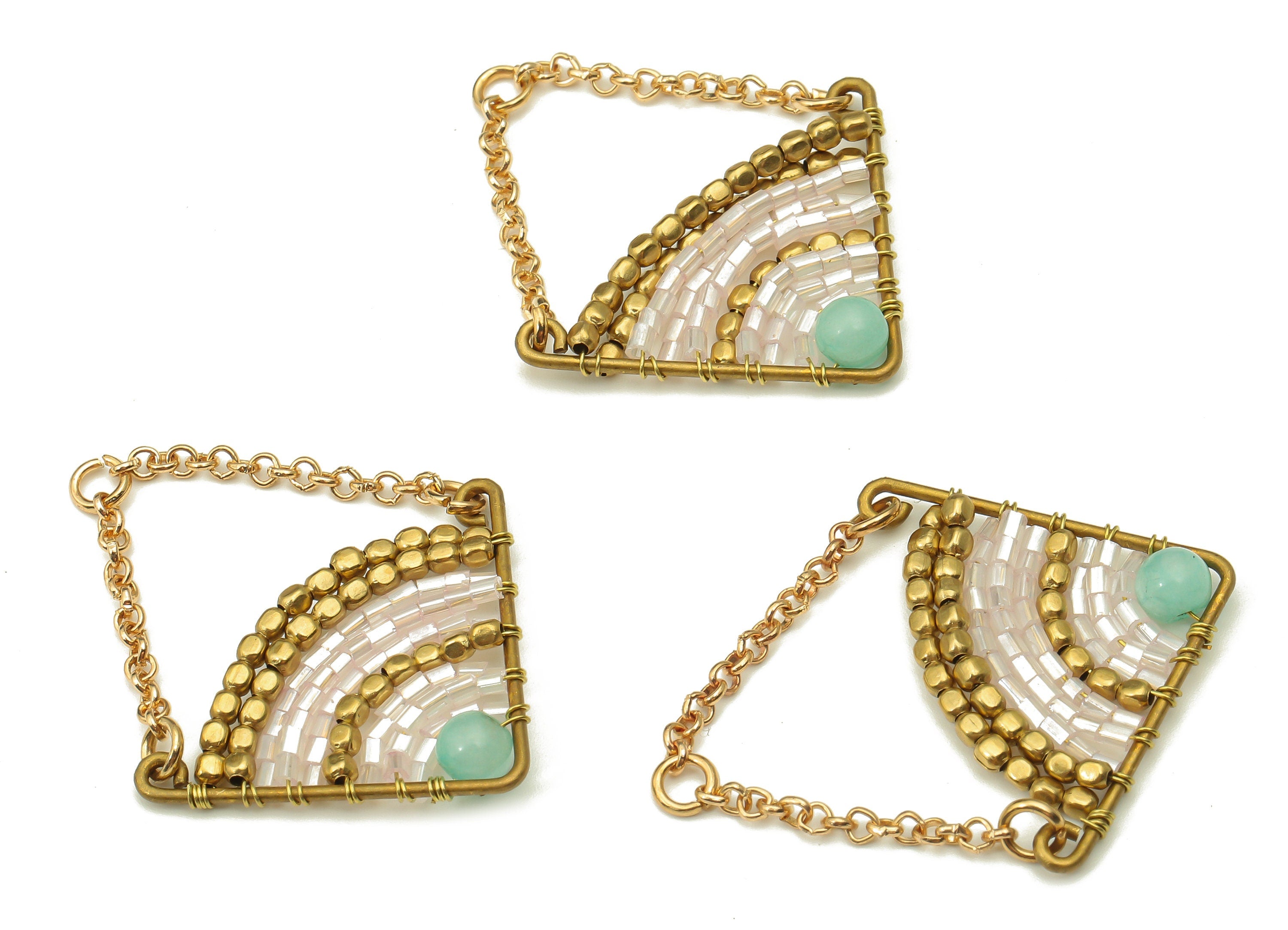 Glass Beaded Brass Triangle Earring Charms - Handmade Glass Beaded Brass - Tassel Chain - Japanese Seed Beads - 45x29.92x3.76mm - TH1076A - DOMEDBAZAAR