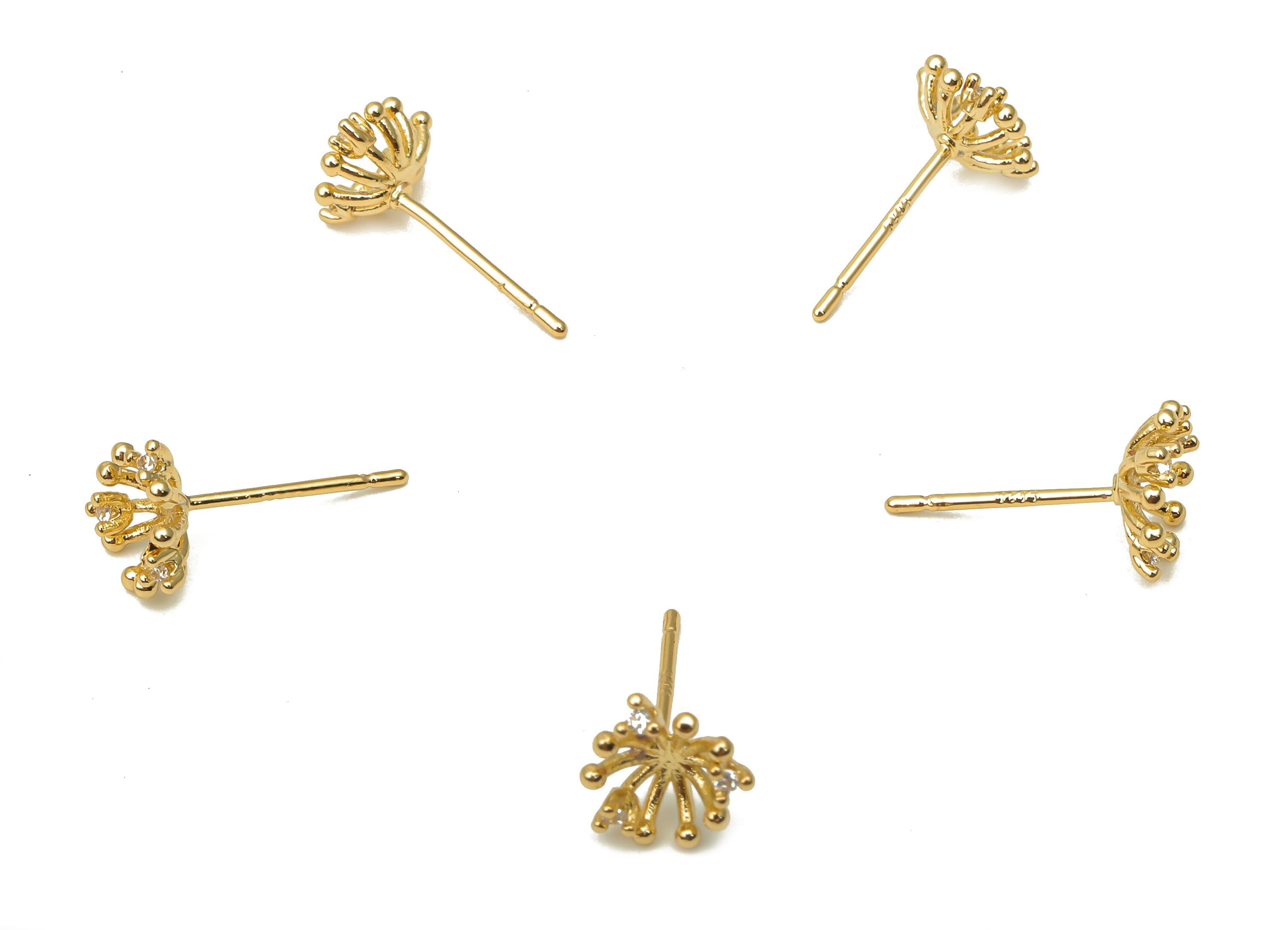 Brass Flower Earring Stud with Zircon - Brass Flower Post - 925 Silver Stud - 18K Real Gold Plated Brass - 8.93x8.93x1.75mm - RGP5144 - DOMEDBAZAAR