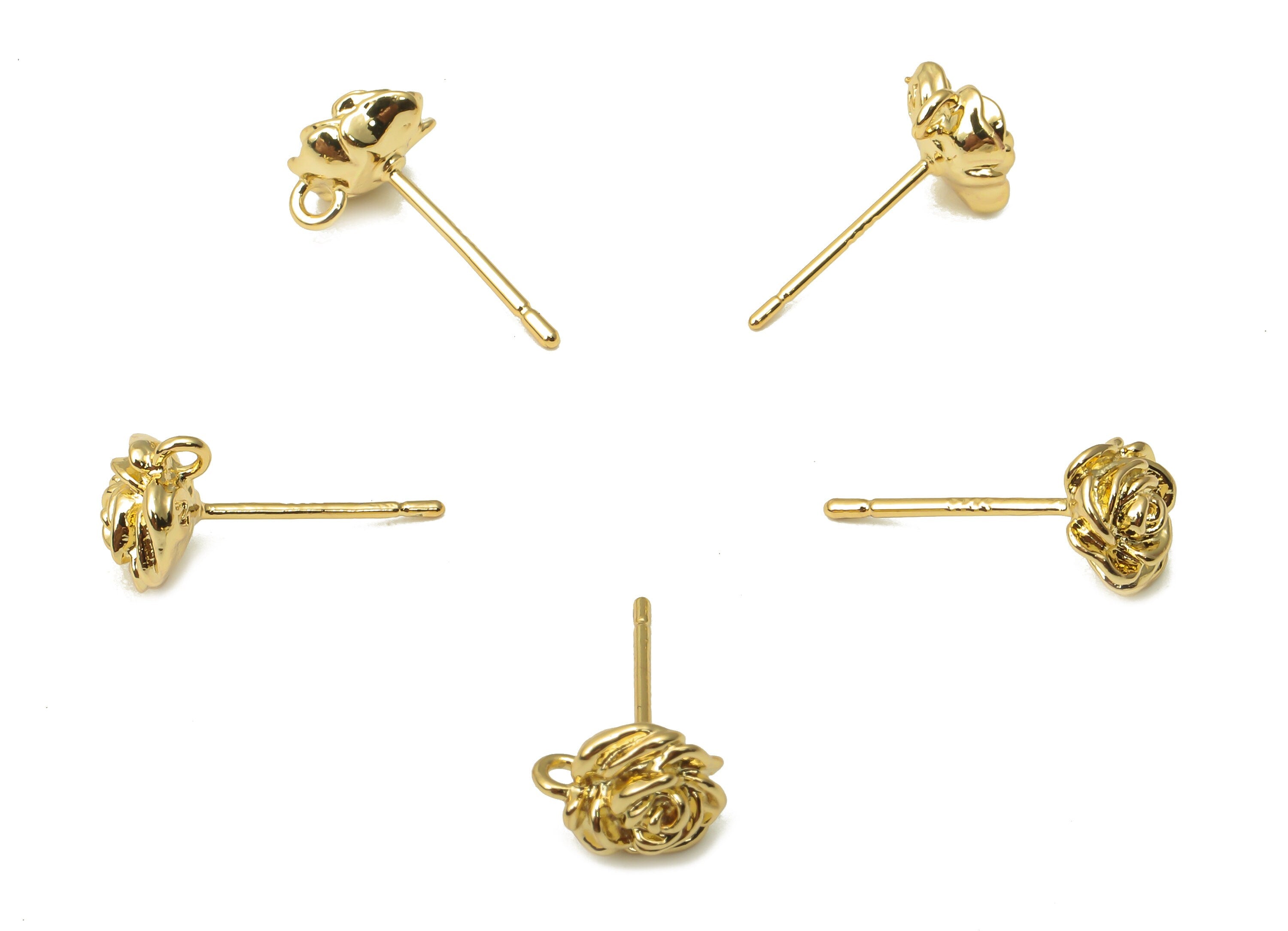 Brass Earring Stud with Zircon -  Gold Rose Earring with Loop - Post - 925 Silver Stud - 18K Real Gold Plating - 8.33x7.16x4.37mm - RGP5145 - DOMEDBAZAAR