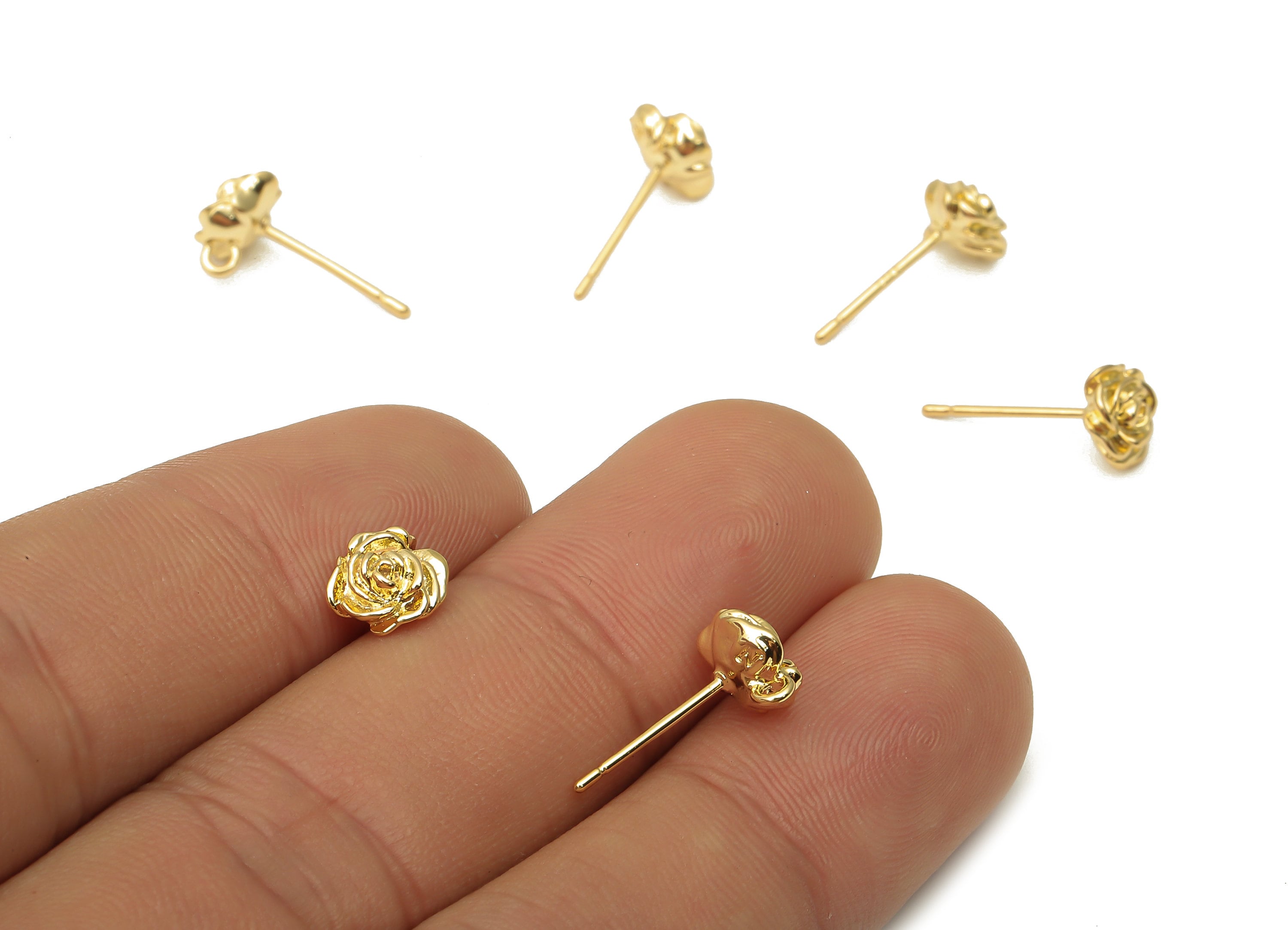 Brass Earring Stud with Zircon -  Gold Rose Earring with Loop - Post - 925 Silver Stud - 18K Real Gold Plating - 8.33x7.16x4.37mm - RGP5145 - DOMEDBAZAAR