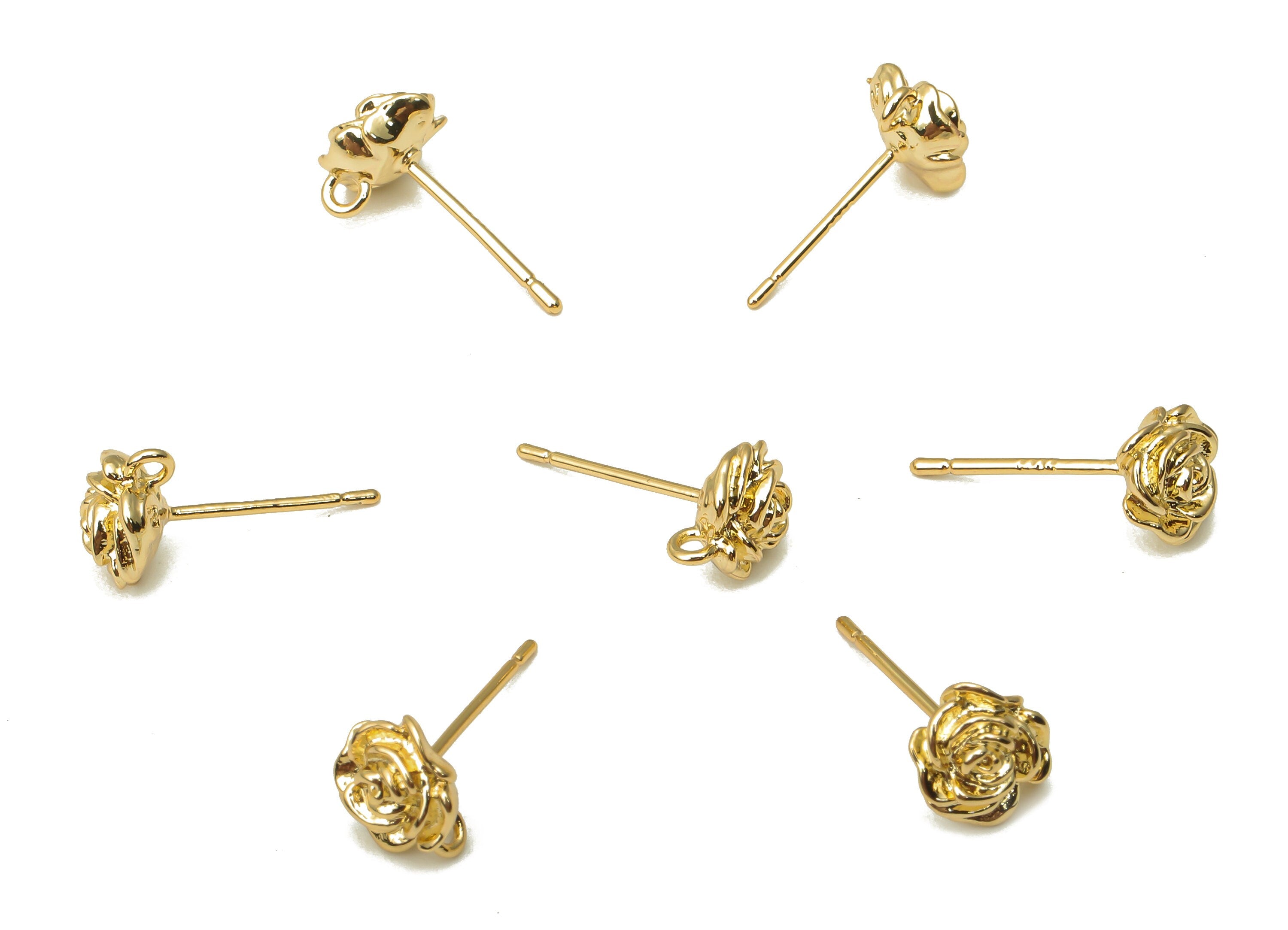Brass Earring Stud with Zircon -  Gold Rose Earring with Loop - Post - 925 Silver Stud - 18K Real Gold Plating - 8.33x7.16x4.37mm - RGP5145 - DOMEDBAZAAR