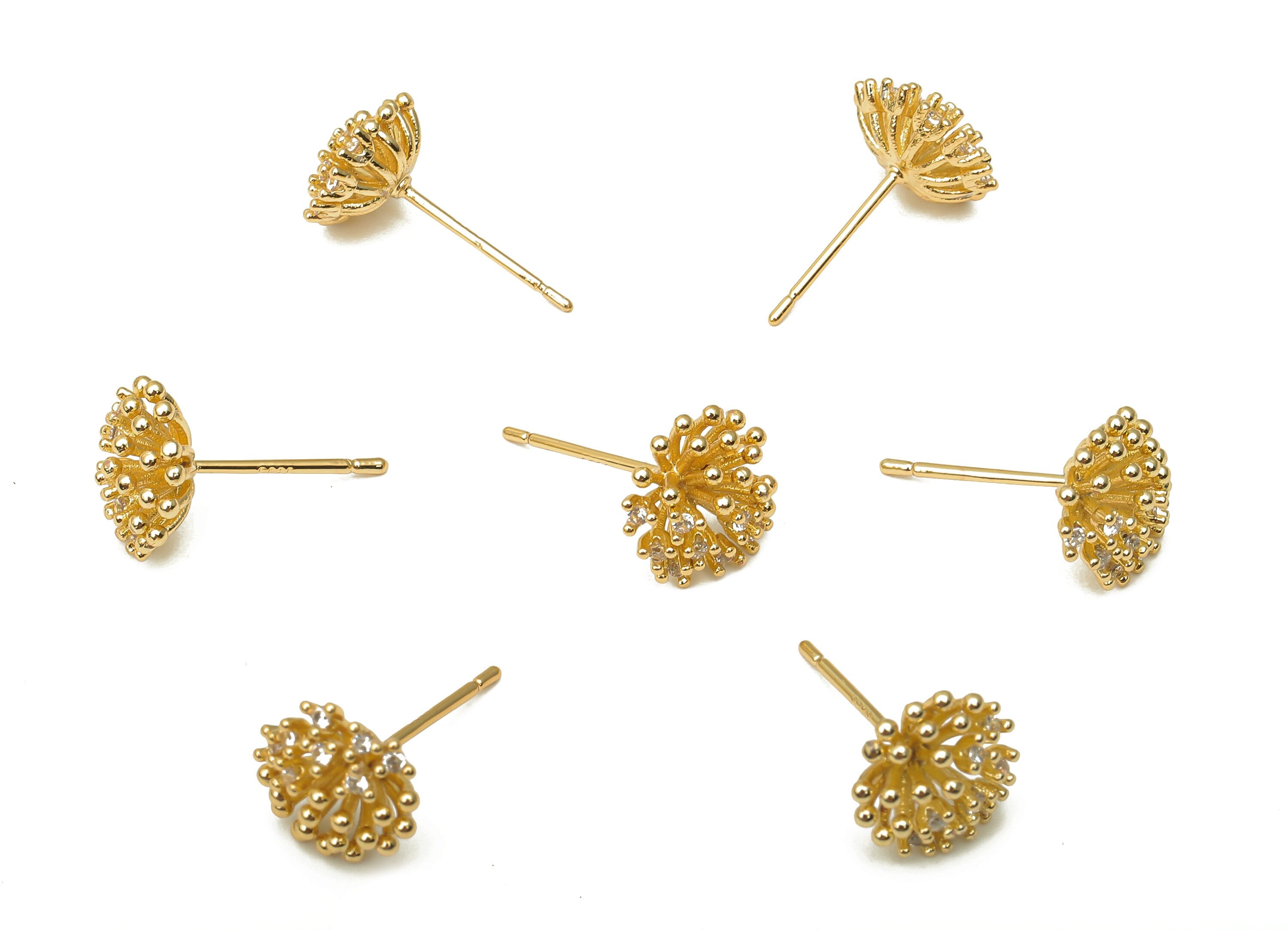 Brass Mini Coral Earring Post with Zircon - Gold Coral Earring Stud - 18K Real Gold Plating - 925 Silver Stud - 10.05x10.05x5.02mm - RGP5141 - DOMEDBAZAAR