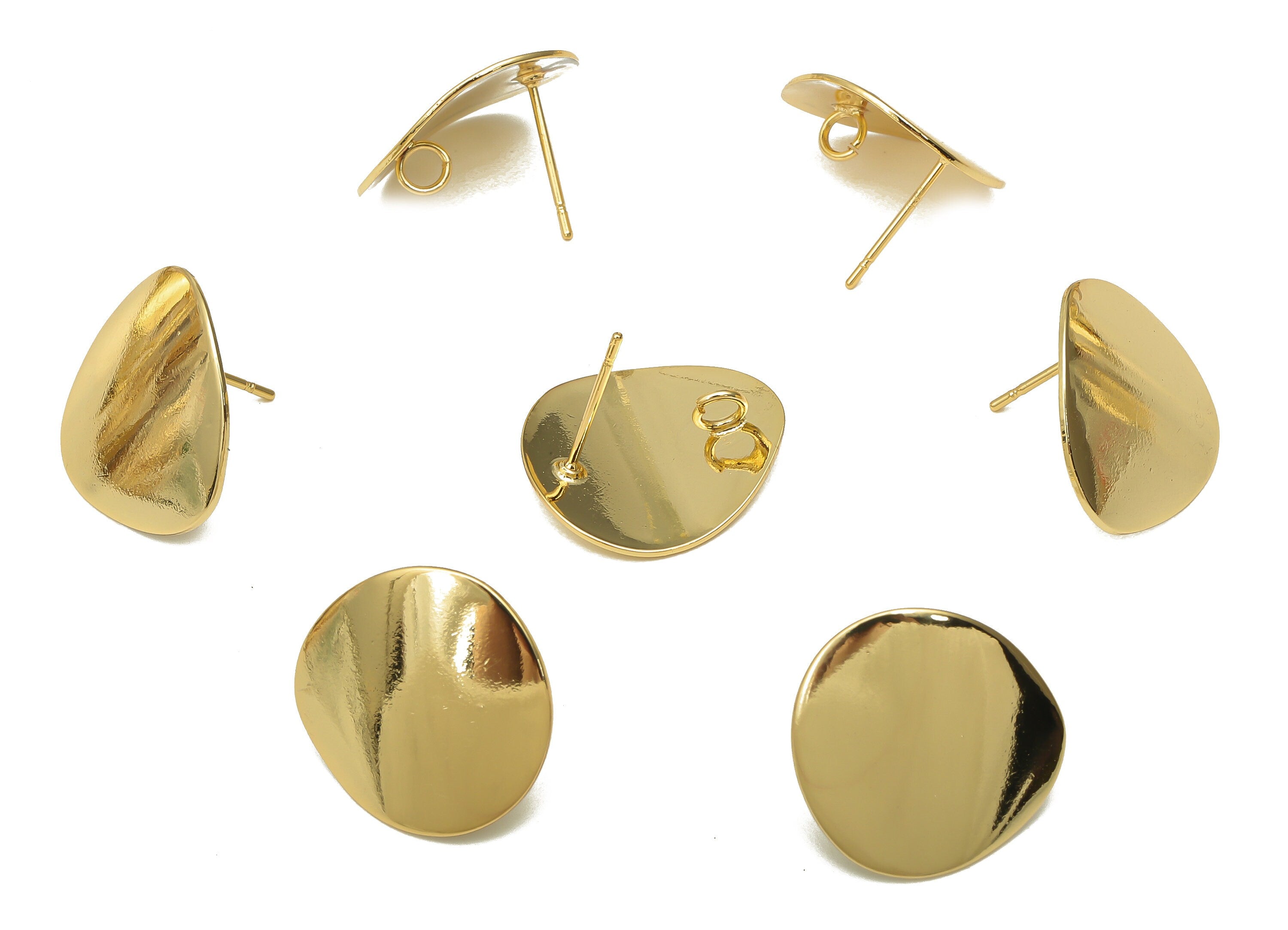 Brass Curved Drop Earring Posts - Brass Teardrop Earring With Loop - Stainless Steel Stud - 18K Real Gold Plating -18.9x17.95x0.6mm -RGP5155 - DOMEDBAZAAR