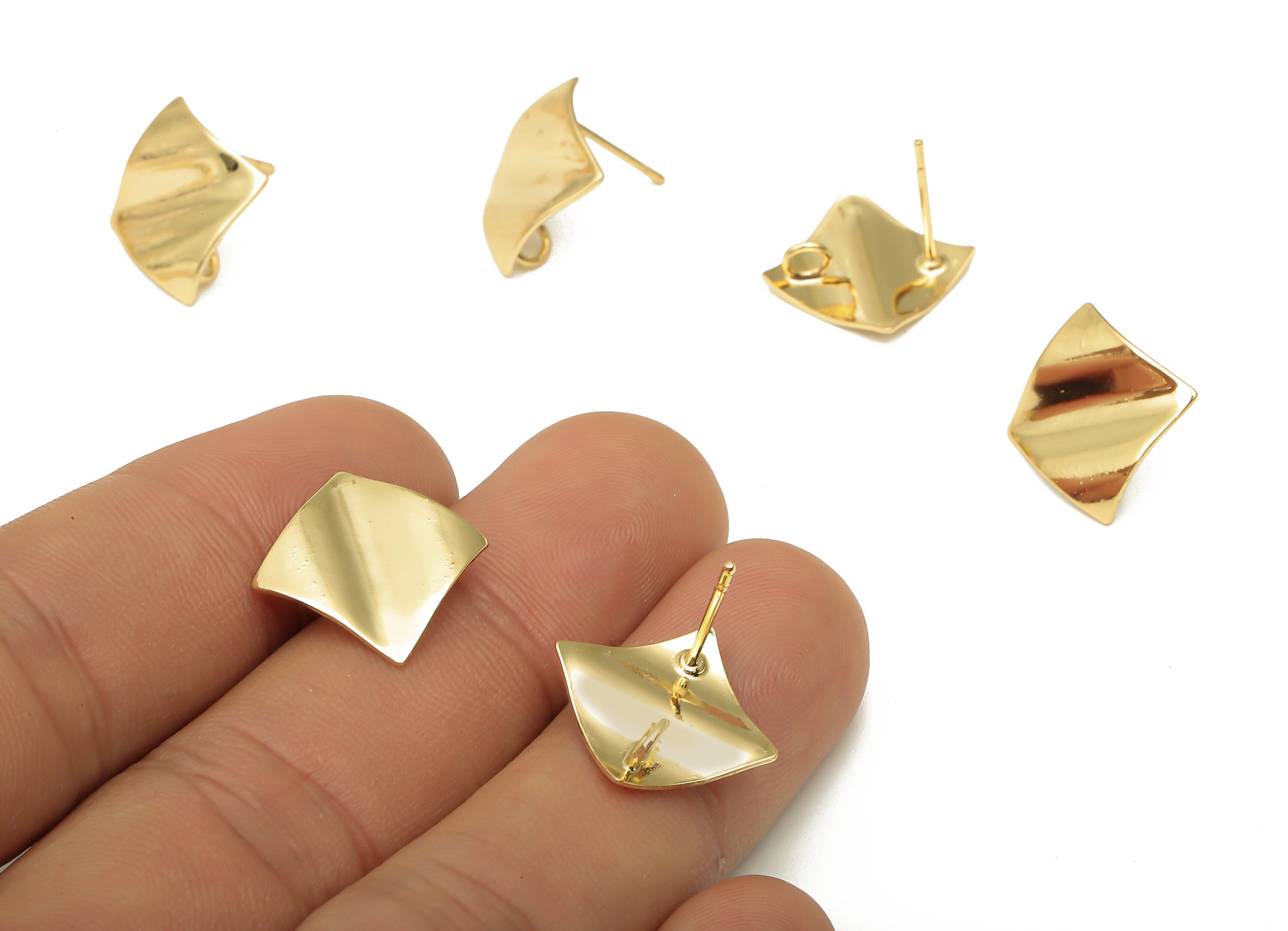 Brass Square Wavy Earring Post - Wave Earring Stud With Loop - Stainless Steel Stud - 18K Real Gold Plating - 12.56x12.56x1.1mm - RGP5157 - DOMEDBAZAAR